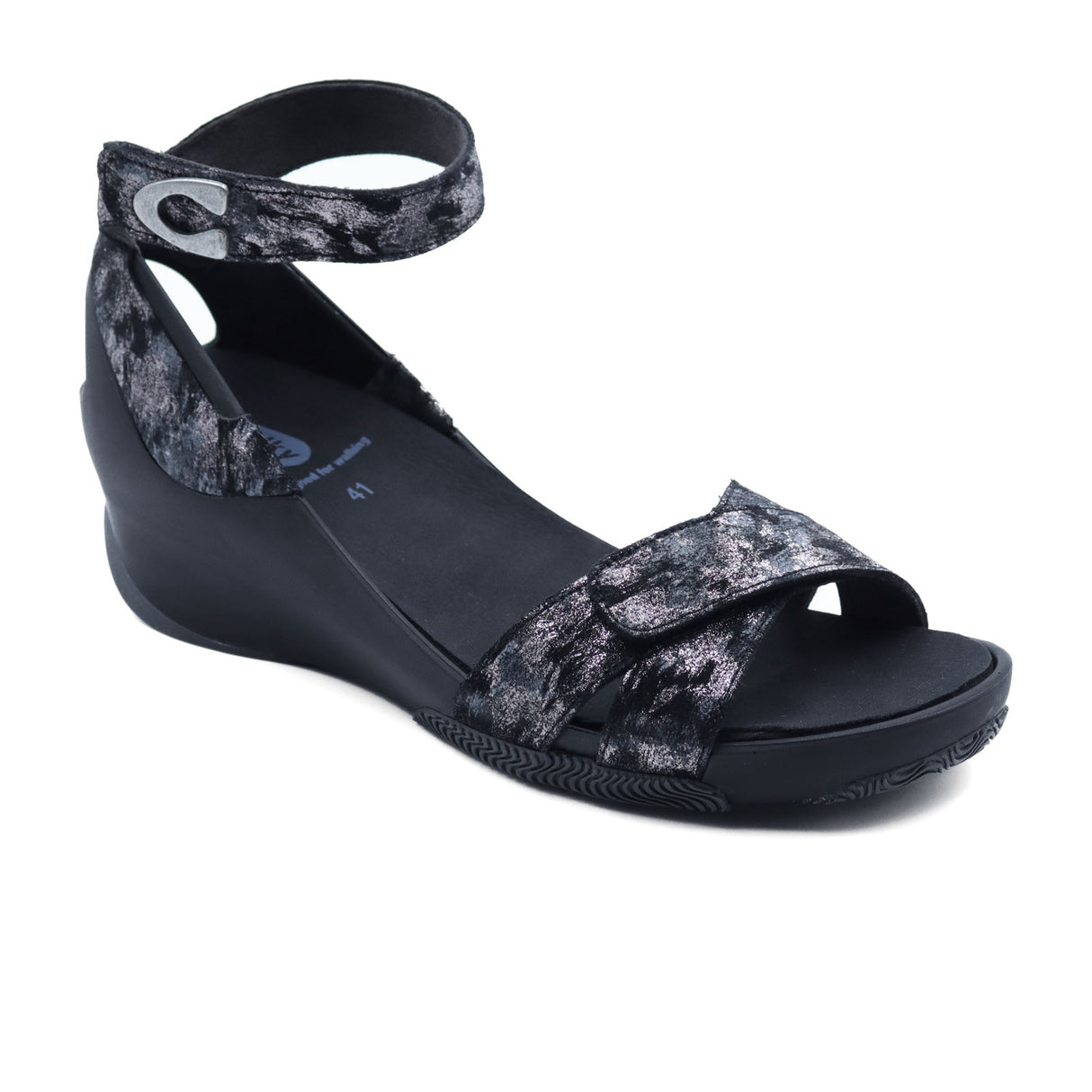 Wolky Era Wedge Sandal (Women) - Black Storm Suede Sandal - Backstrap - The Heel Shoe Fitters