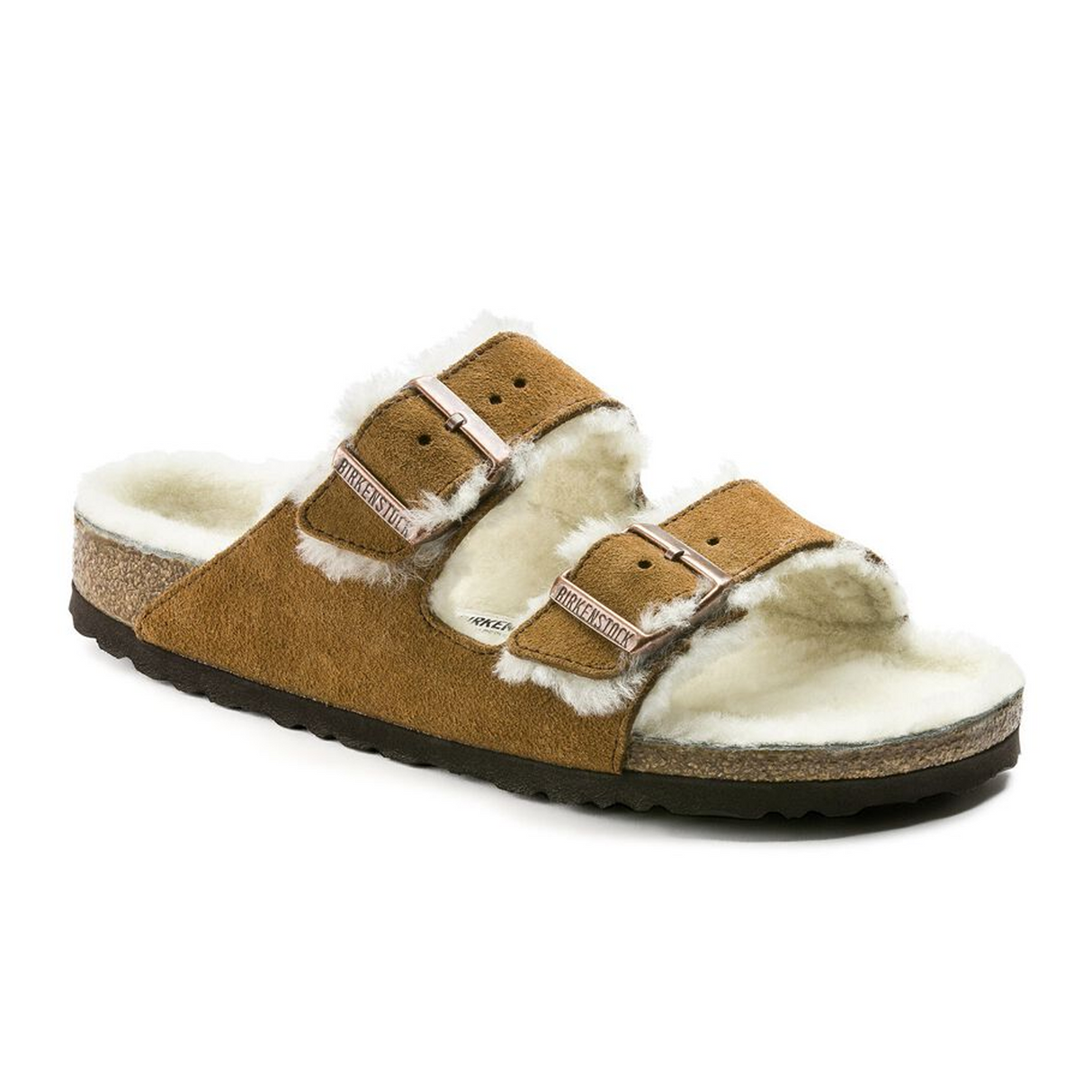 Birkenstock Arizona Slide Sandal (Women) - Mink Suede/Natural Shearling Sandal - Slide - The Heel Shoe Fitters