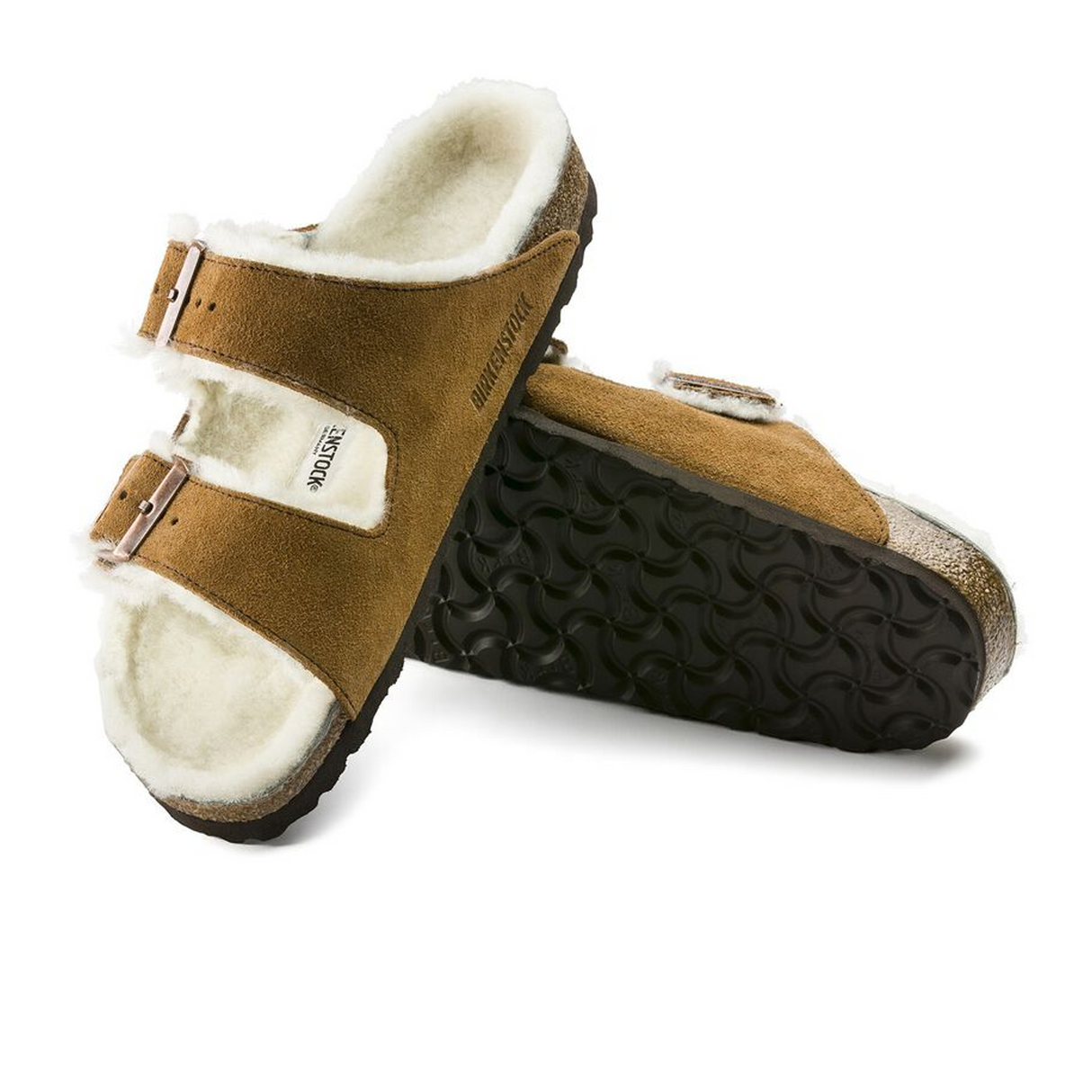 Birkenstock Arizona Slide Sandal (Women) - Mink Suede/Natural Shearling Sandal - Slide - The Heel Shoe Fitters