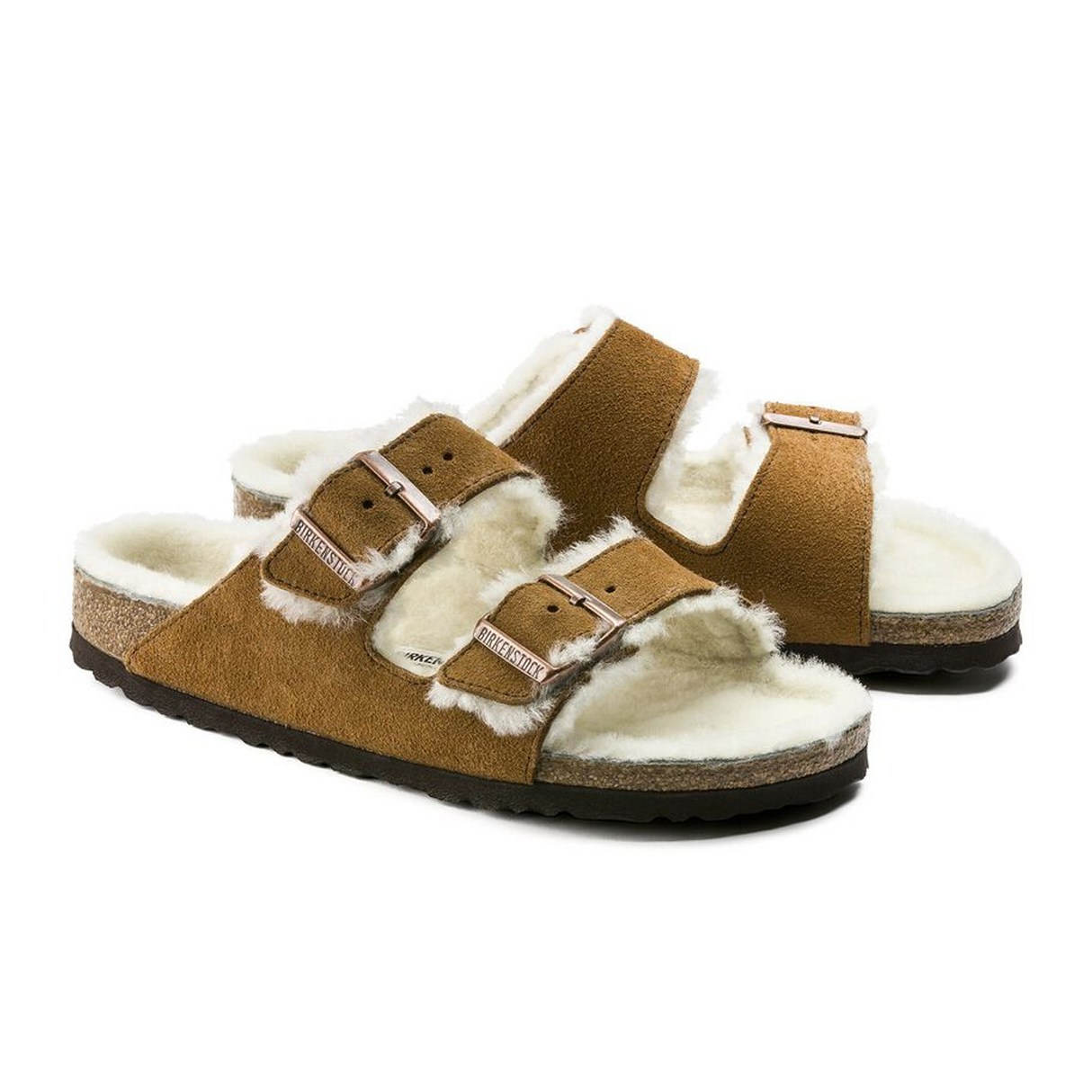Birkenstock Arizona Slide Sandal (Women) - Mink Suede/Natural Shearling Sandal - Slide - The Heel Shoe Fitters