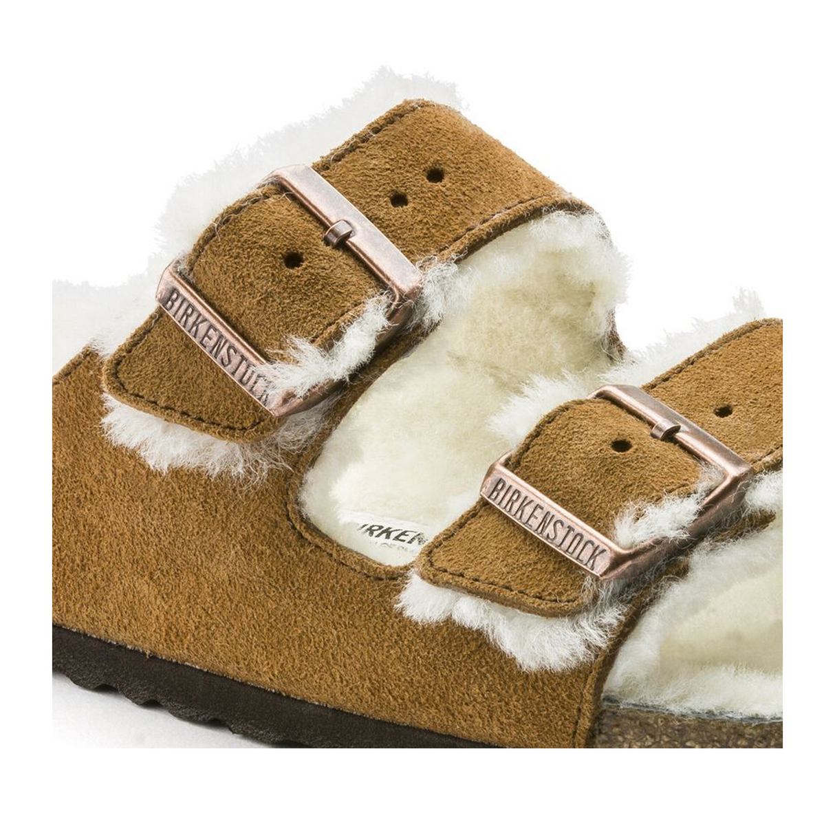 Birkenstock Arizona Slide Sandal (Women) - Mink Suede/Natural Shearling Sandal - Slide - The Heel Shoe Fitters