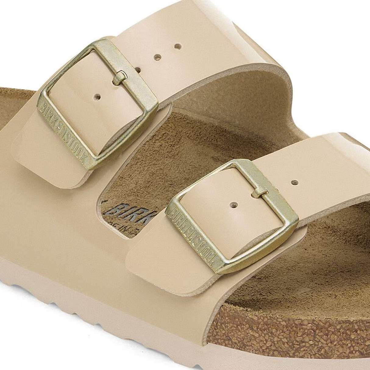 Birkenstock Arizona Narrow Slide Sandal (Women) - Patent Sand Birko-Flor Sandal - Slide - The Heel Shoe Fitters