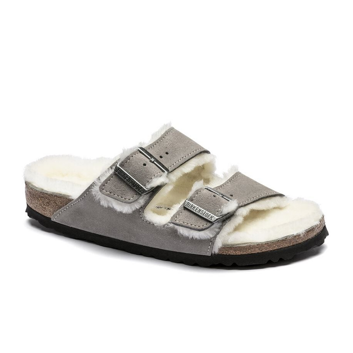 Birkenstock Arizona Slide Sandal (Women) - Stone Coin Suede/Natural Shearling Sandal - Slide - The Heel Shoe Fitters