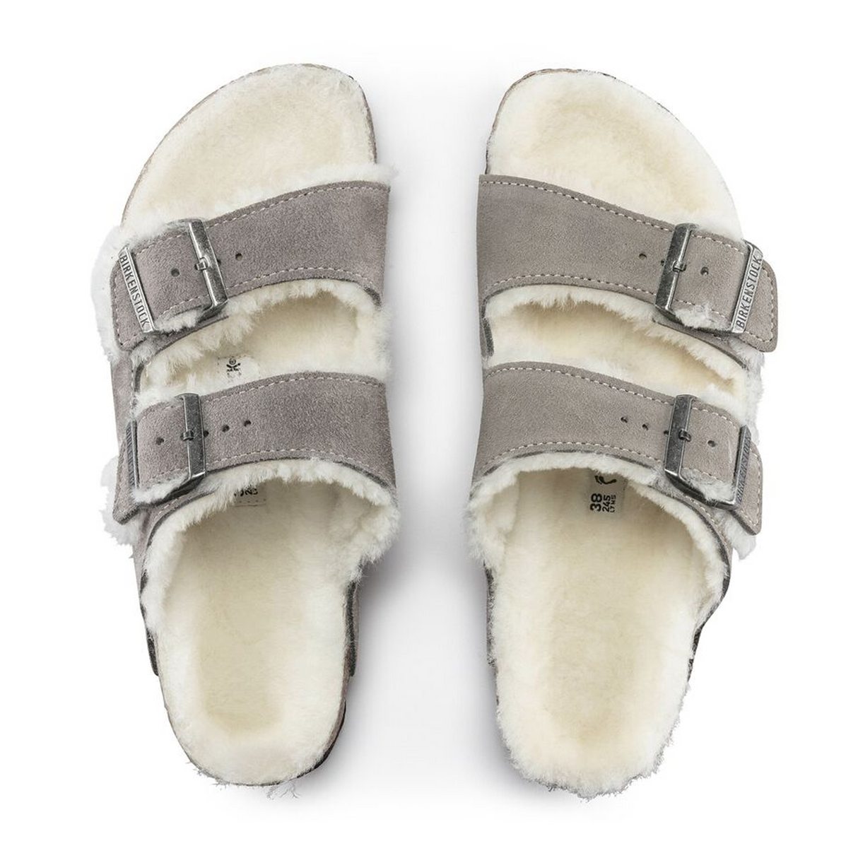 Birkenstock Arizona Slide Sandal (Women) - Stone Coin Suede/Natural Shearling Sandal - Slide - The Heel Shoe Fitters