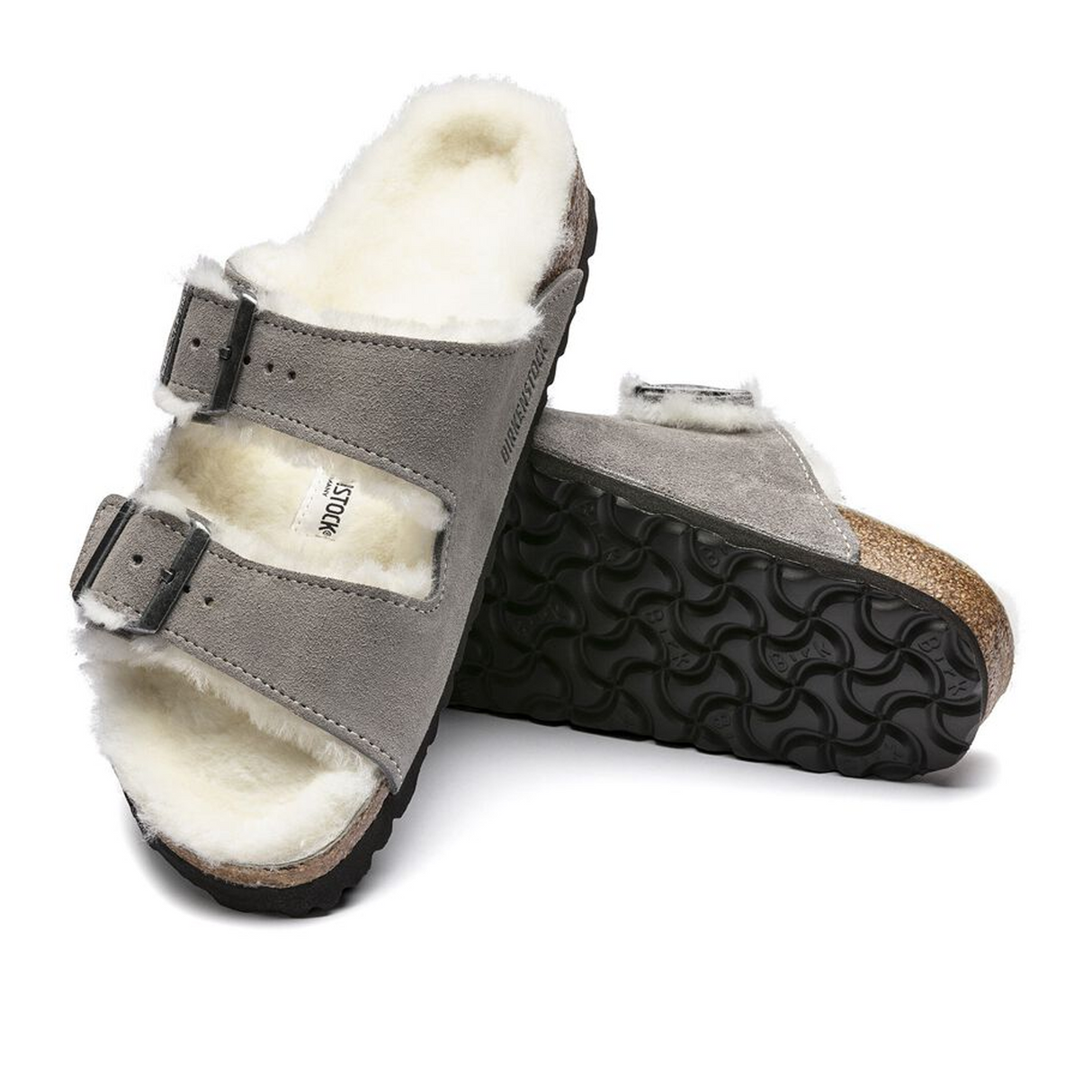 Birkenstock Arizona Slide Sandal (Women) - Stone Coin Suede/Natural Shearling Sandal - Slide - The Heel Shoe Fitters