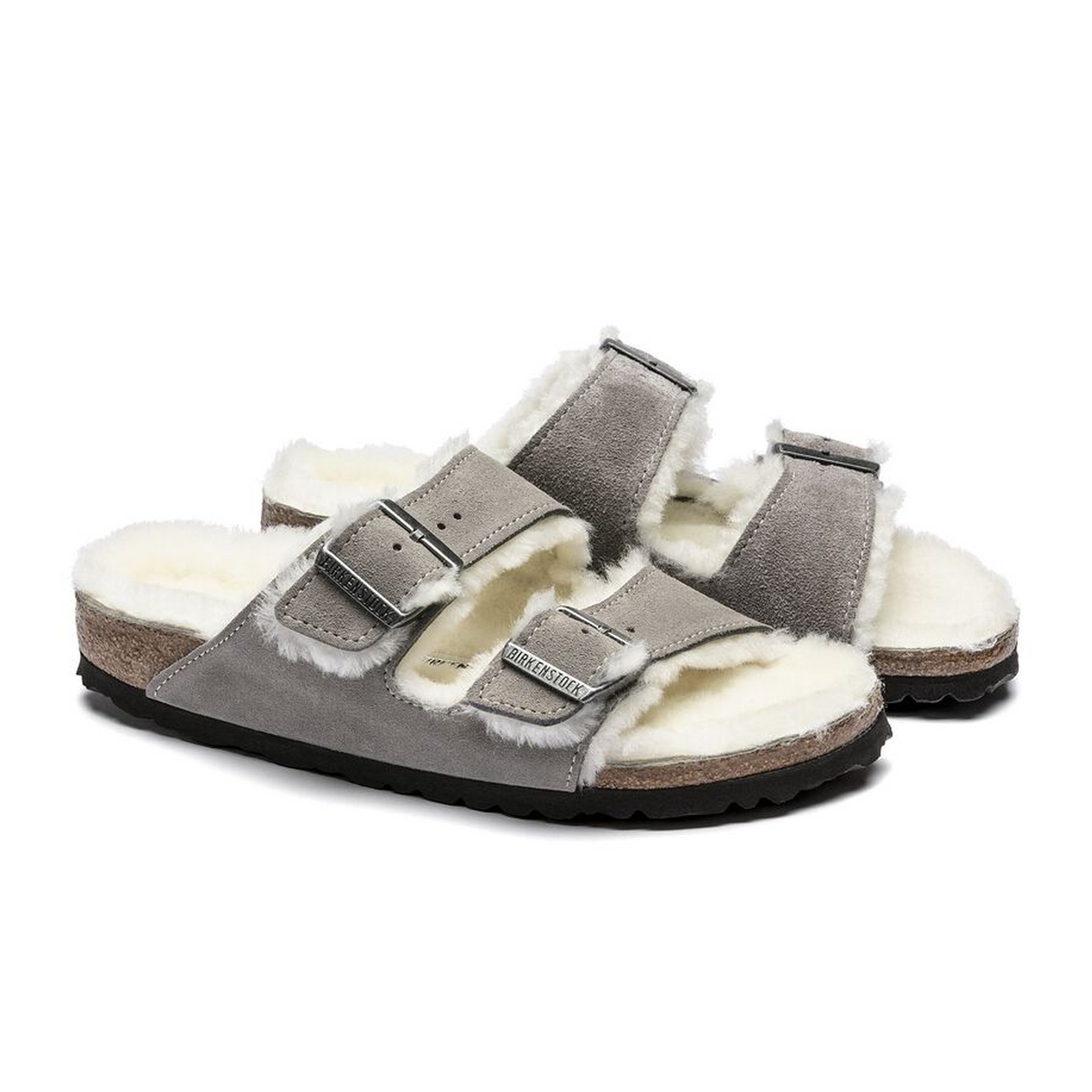 Birkenstock Arizona Slide Sandal (Women) - Stone Coin Suede/Natural Shearling Sandal - Slide - The Heel Shoe Fitters
