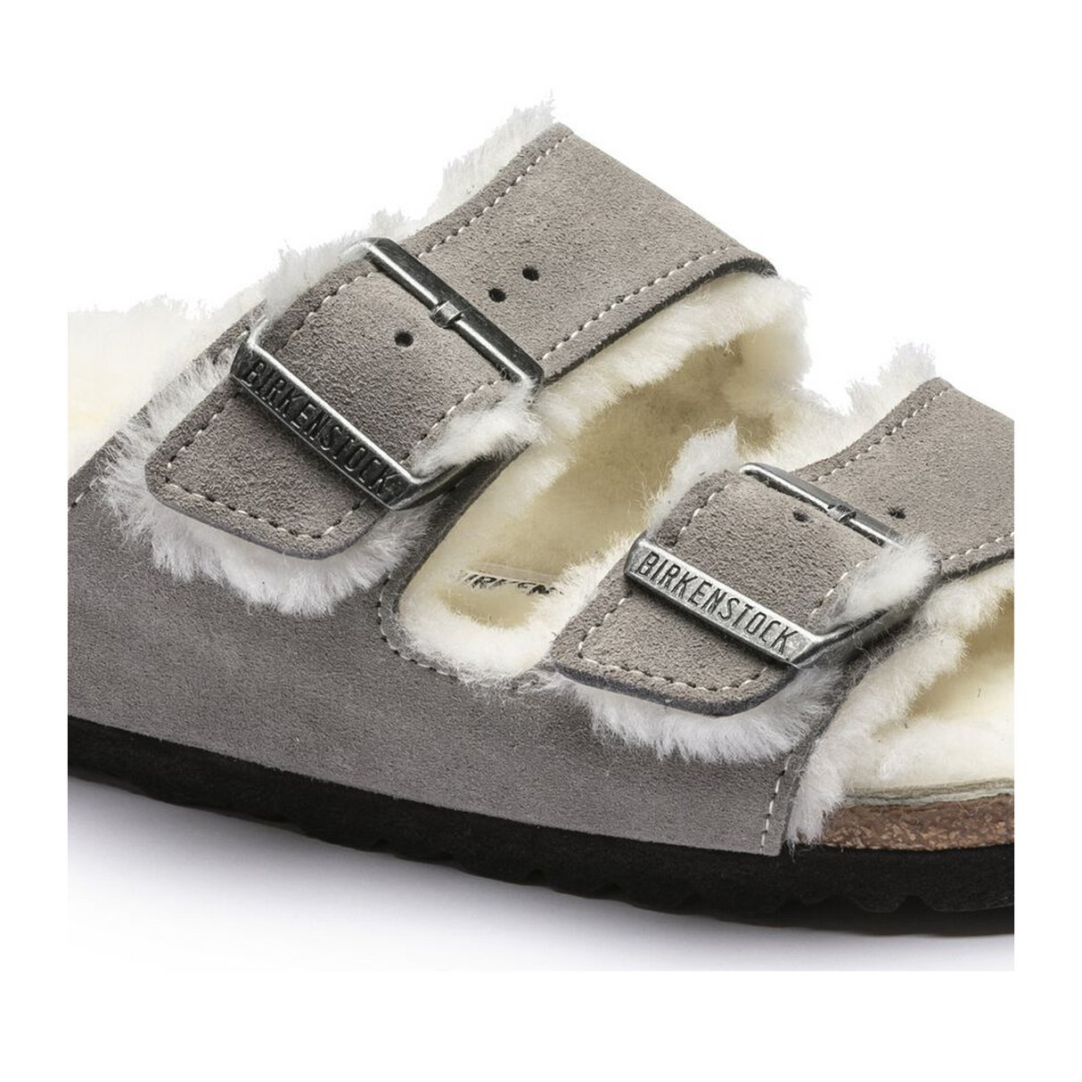 Birkenstock Arizona Slide Sandal (Women) - Stone Coin Suede/Natural Shearling Sandal - Slide - The Heel Shoe Fitters