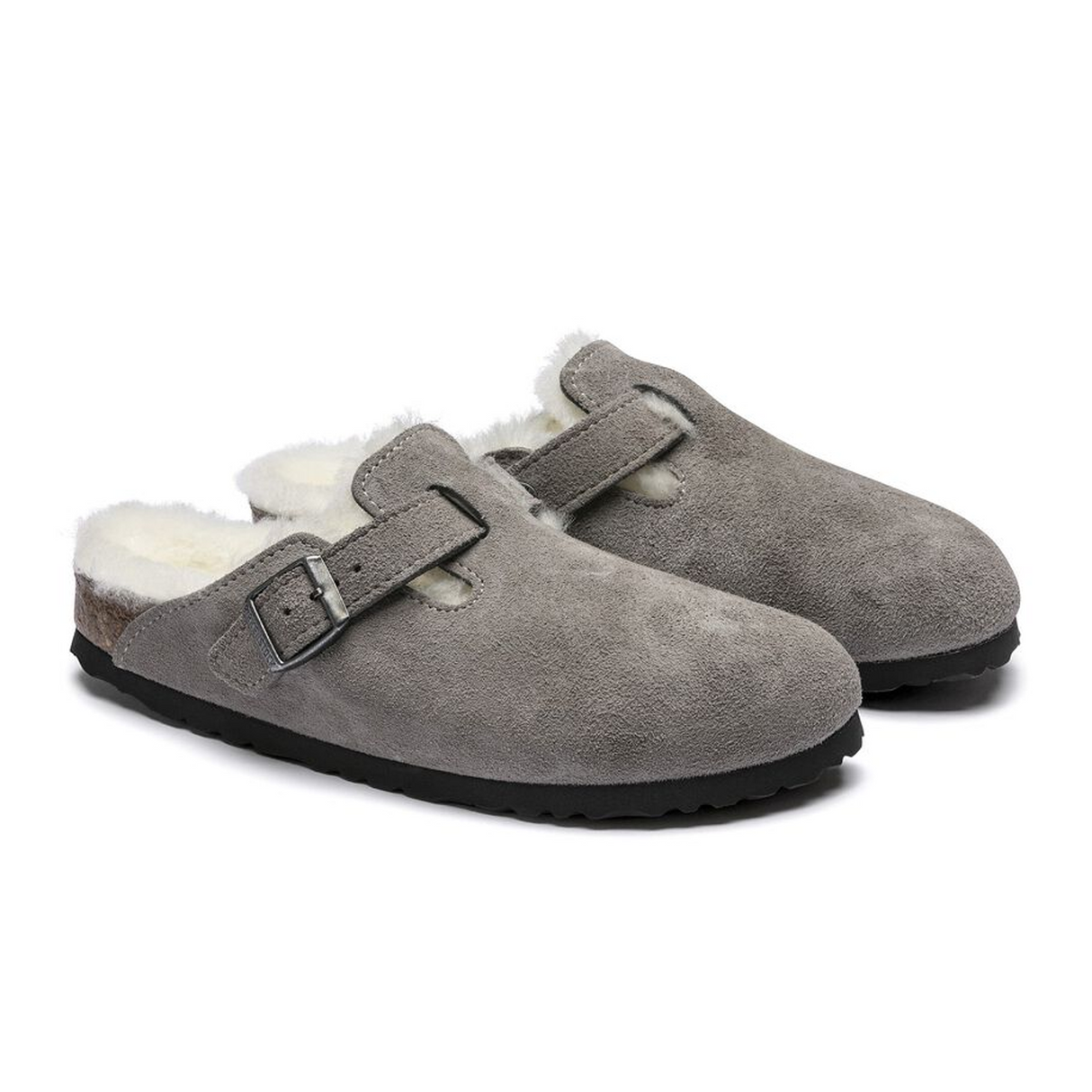 Birkenstock Boston Narrow Clog (Women) - Stone Coin Suede/Natural Shearling Dress-Casual - Clogs & Mules - The Heel Shoe Fitters
