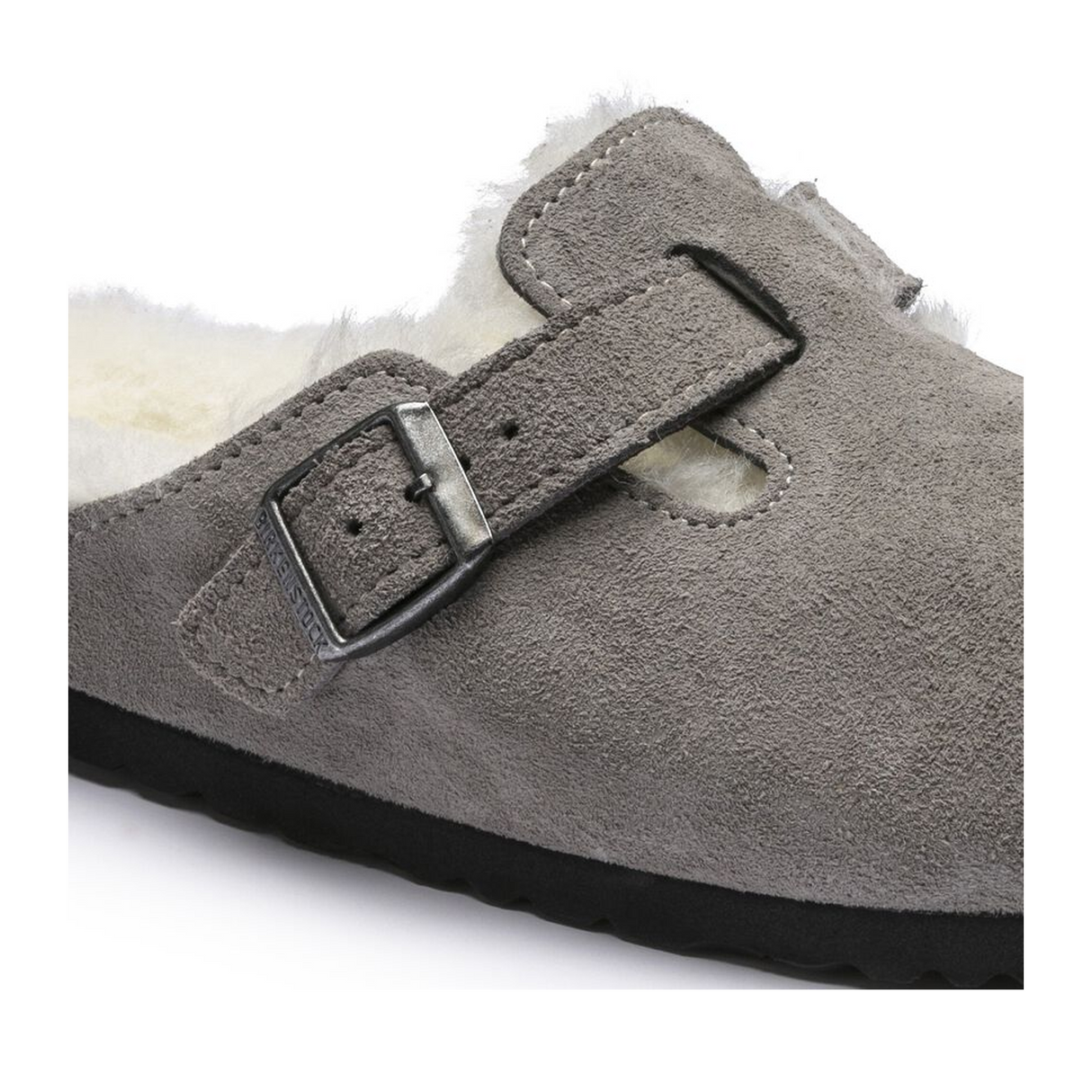 Birkenstock Boston Narrow Clog (Women) - Stone Coin Suede/Natural Shearling Dress-Casual - Clogs & Mules - The Heel Shoe Fitters