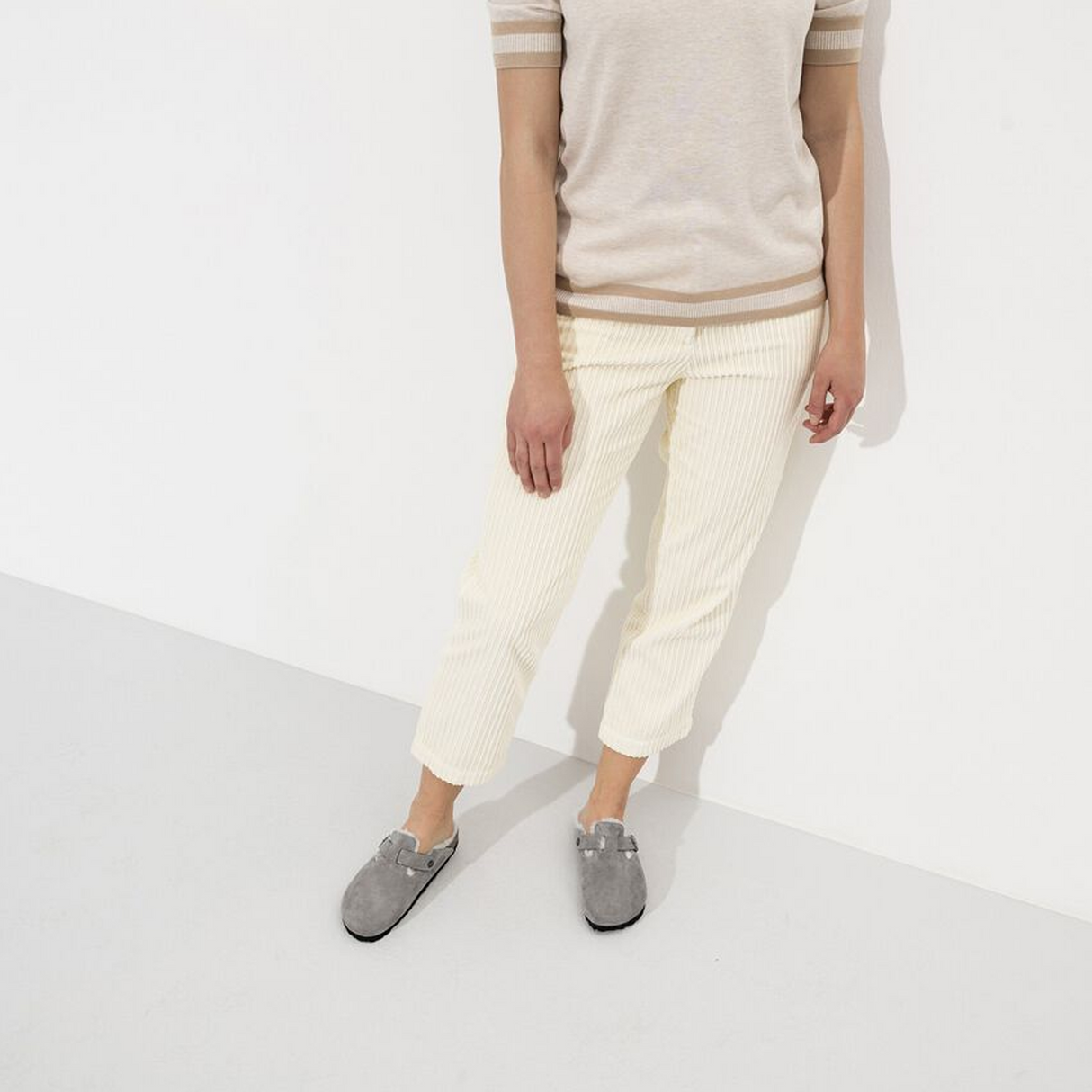 Birkenstock Boston Narrow Clog (Women) - Stone Coin Suede/Natural Shearling Dress-Casual - Clogs & Mules - The Heel Shoe Fitters