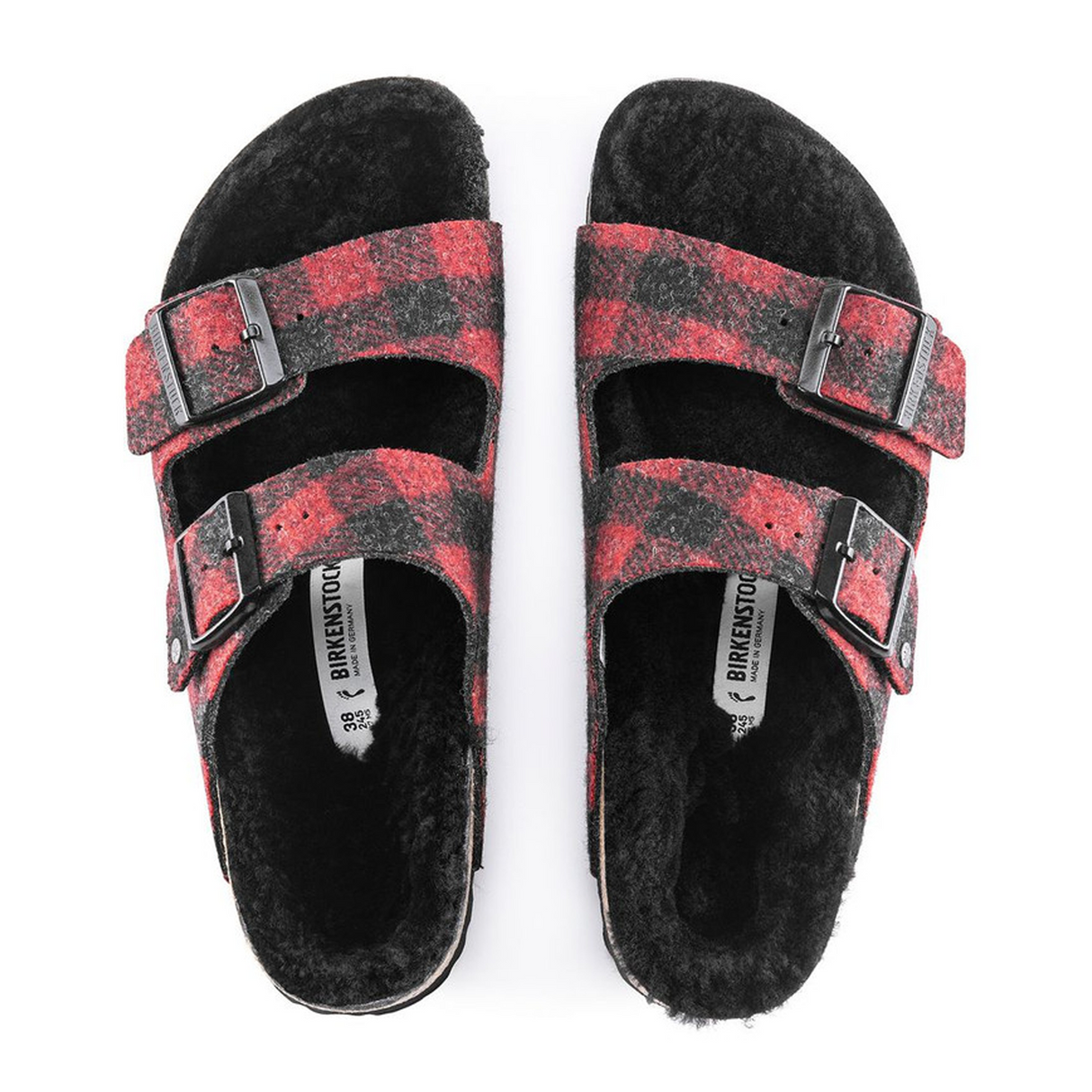 Birkenstock Arizona Narrow Slide Sandal (Women) - Red Plaid Wool/Black Shearling Sandal - Slide - The Heel Shoe Fitters