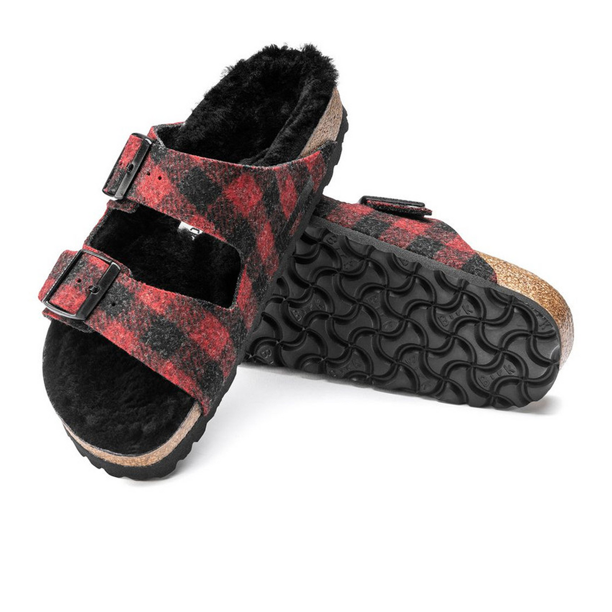 Birkenstock Arizona Narrow Slide Sandal (Women) - Red Plaid Wool/Black Shearling Sandal - Slide - The Heel Shoe Fitters