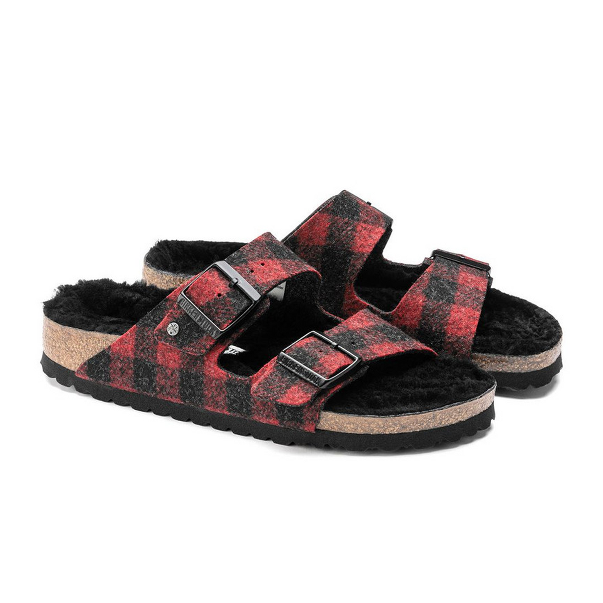 Birkenstock Arizona Narrow Slide Sandal (Women) - Red Plaid Wool/Black Shearling Sandal - Slide - The Heel Shoe Fitters