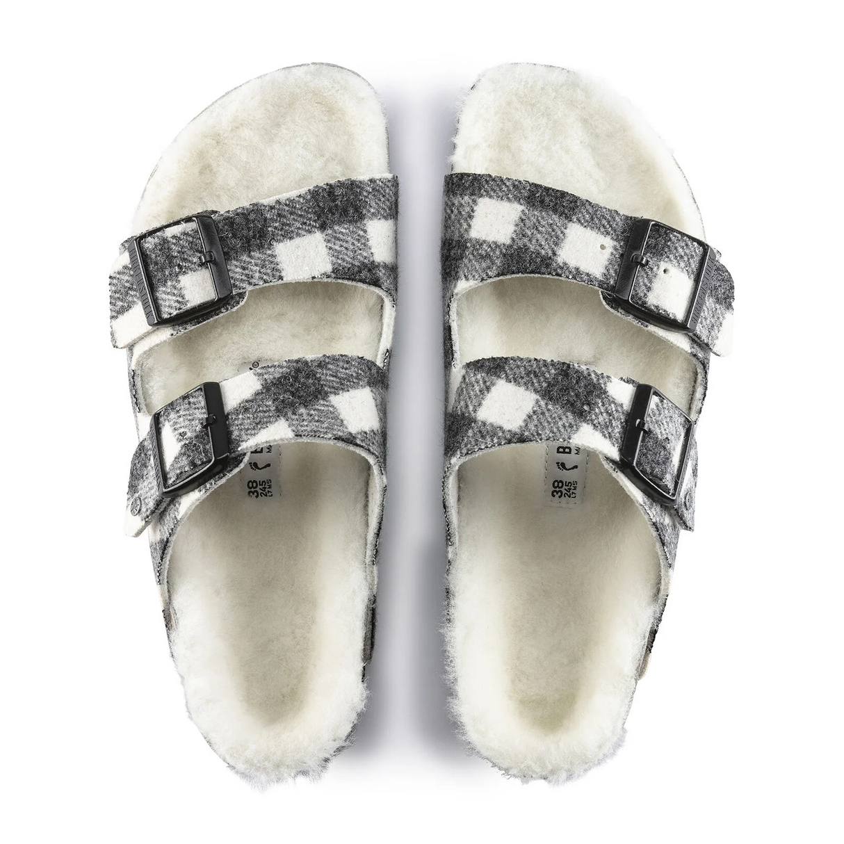 Birkenstock Arizona Slide Sandal (Women) - Plaid White Wool/Natural Shearling Sandal - Slide - The Heel Shoe Fitters