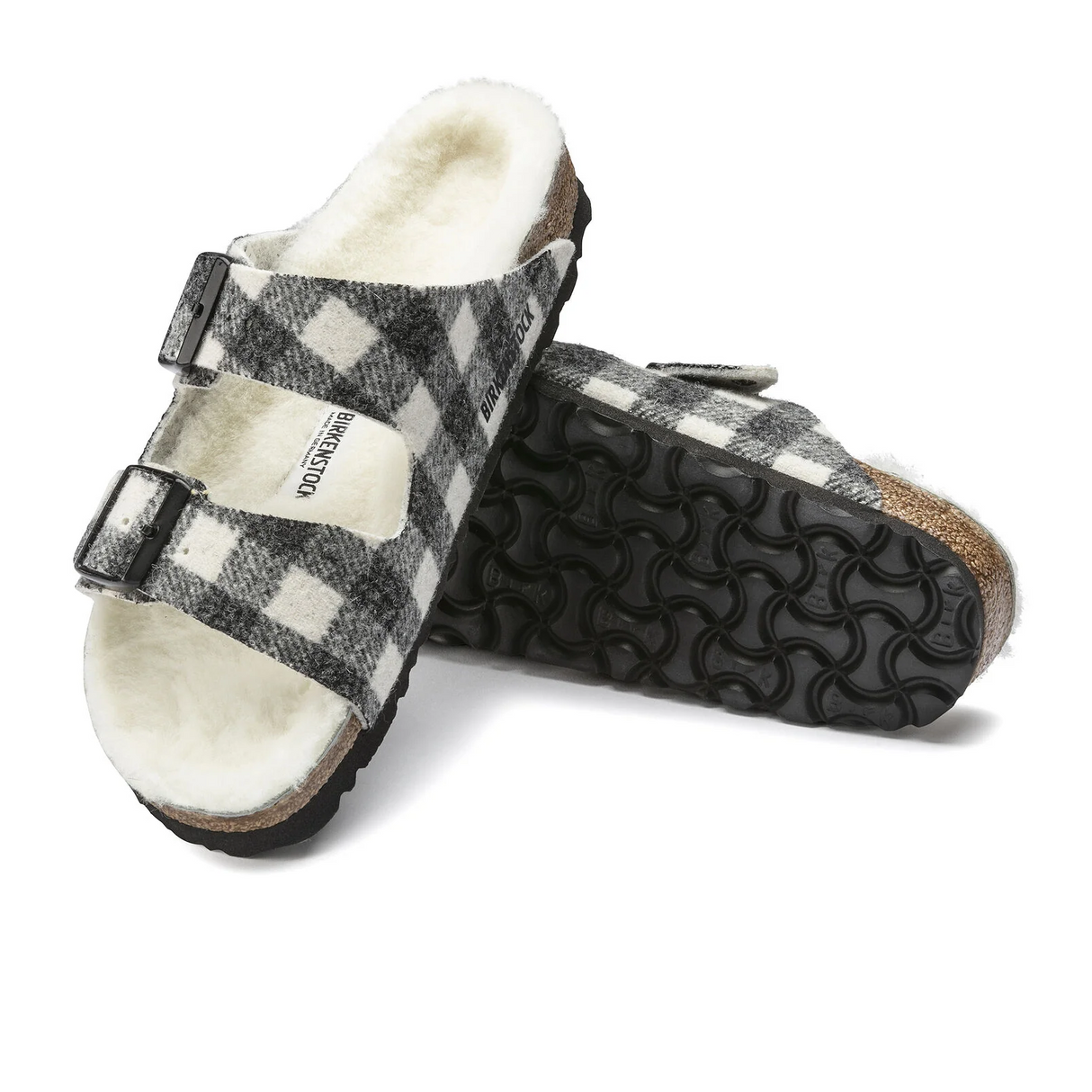 Birkenstock Arizona Slide Sandal (Women) - Plaid White Wool/Natural Shearling Sandal - Slide - The Heel Shoe Fitters