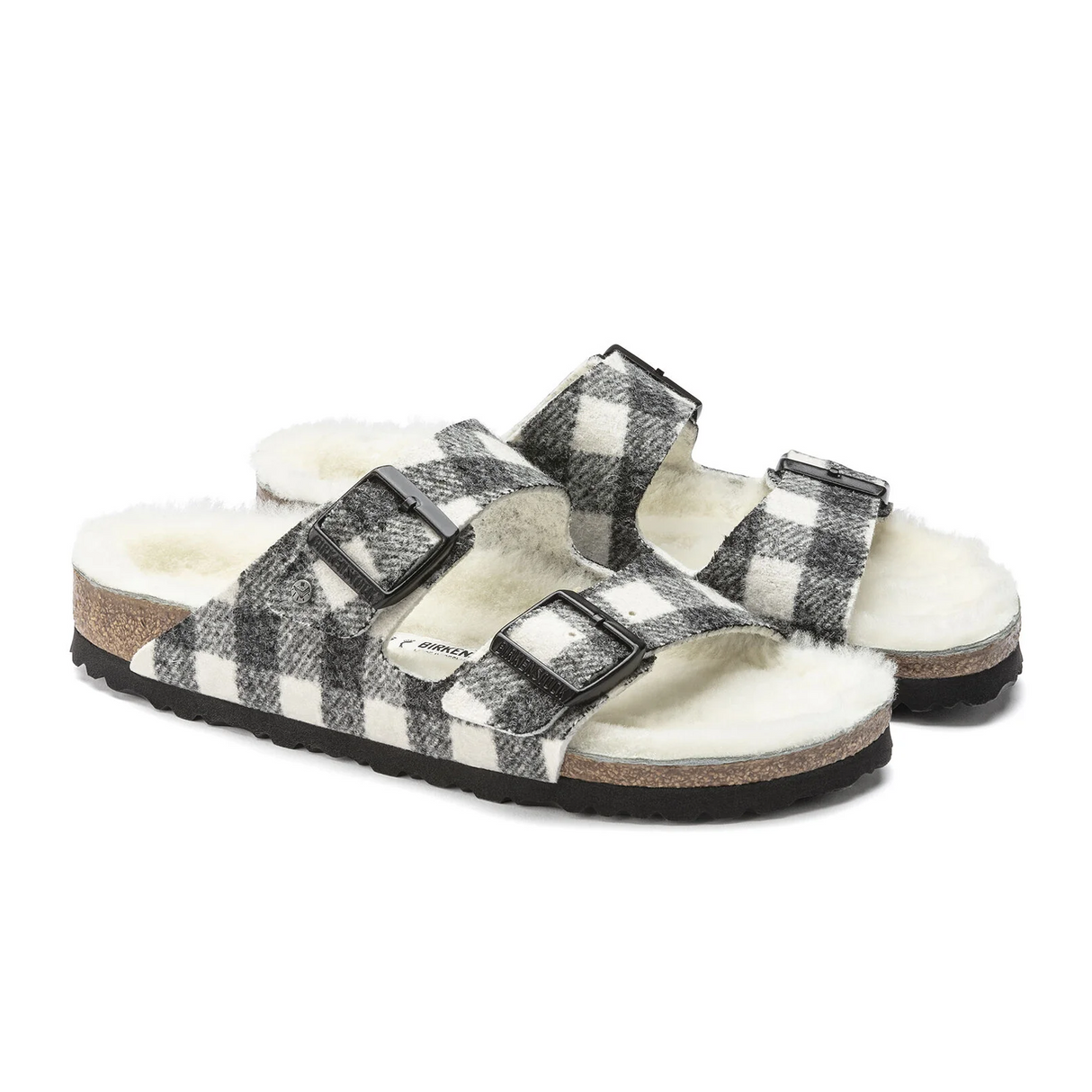 Birkenstock Arizona Slide Sandal (Women) - Plaid White Wool/Natural Shearling Sandal - Slide - The Heel Shoe Fitters