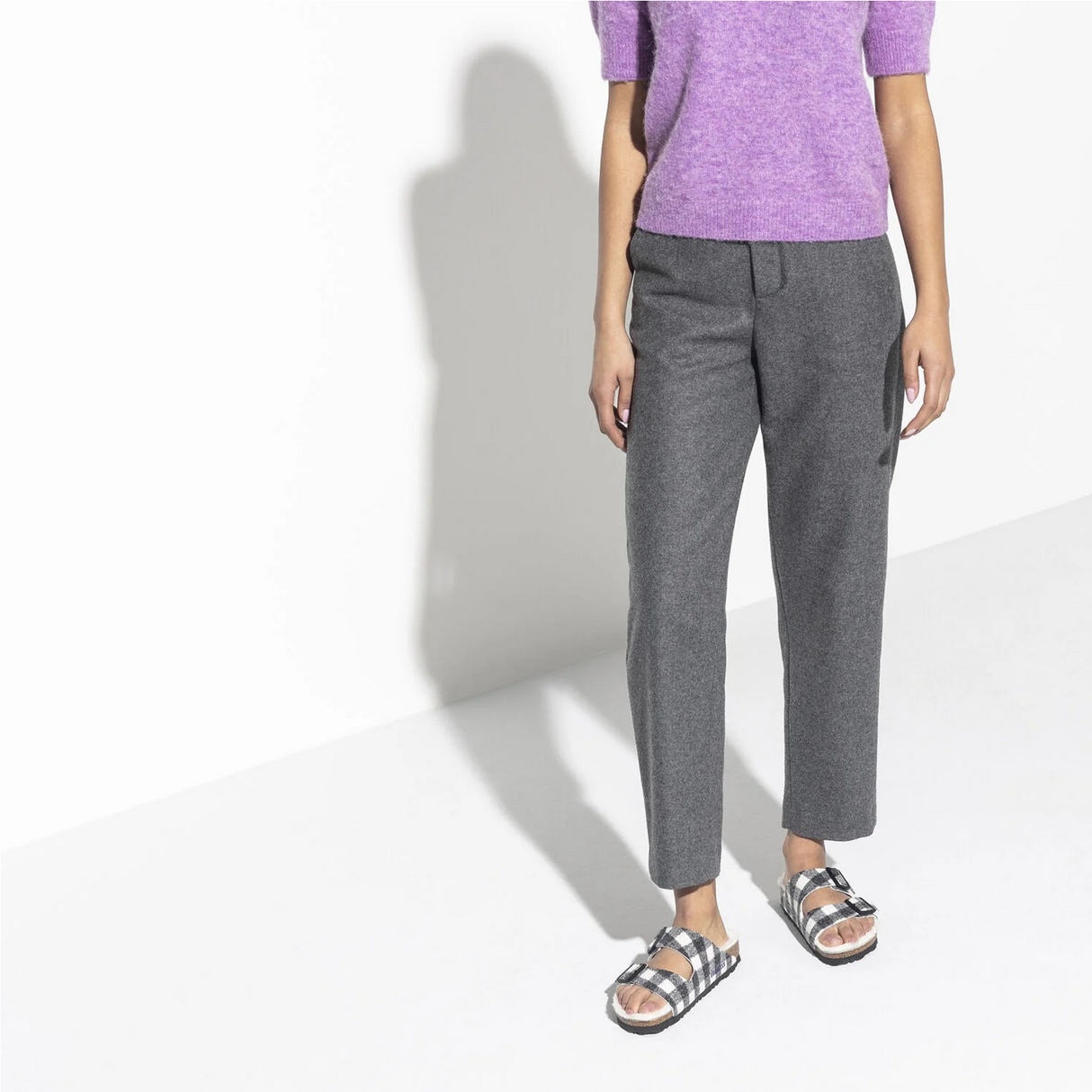 Birkenstock Arizona Slide Sandal (Women) - Plaid White Wool/Natural Shearling Sandal - Slide - The Heel Shoe Fitters