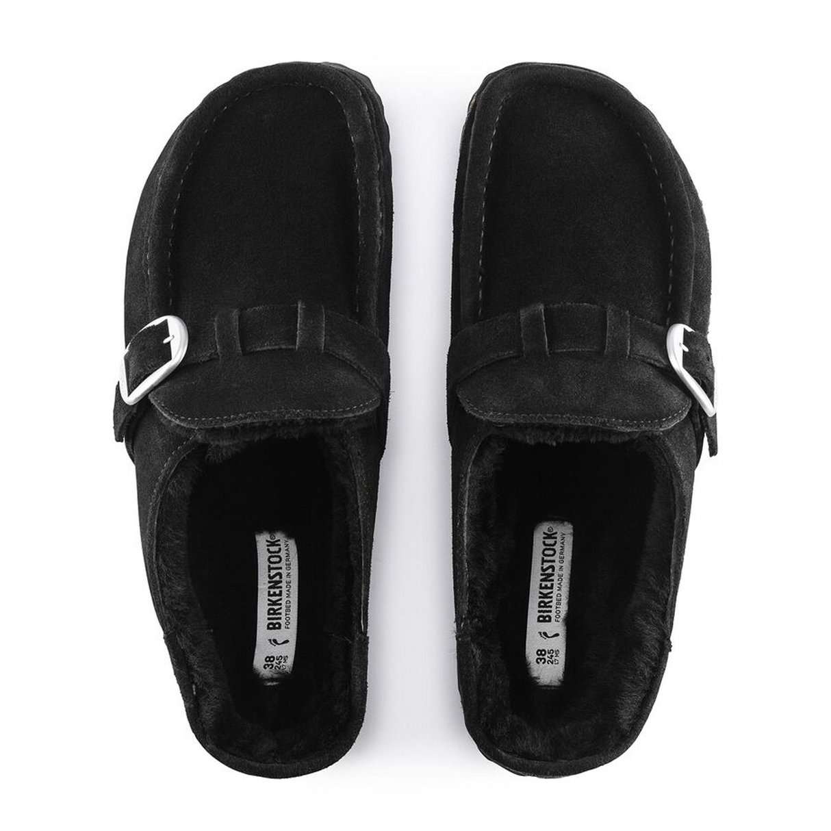 Birkenstock Buckley Narrow Clog (Women) - Black Suede/Black Shearling Dress-Casual - Clogs & Mules - The Heel Shoe Fitters