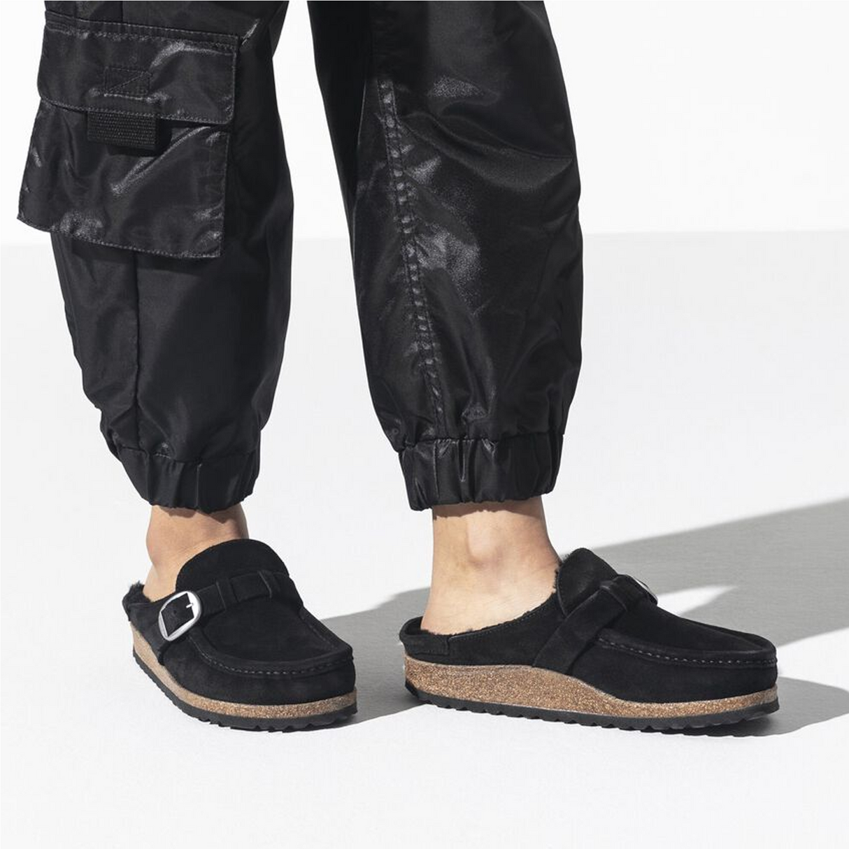 Birkenstock Buckley Narrow Clog (Women) - Black Suede/Black Shearling Dress-Casual - Clogs & Mules - The Heel Shoe Fitters