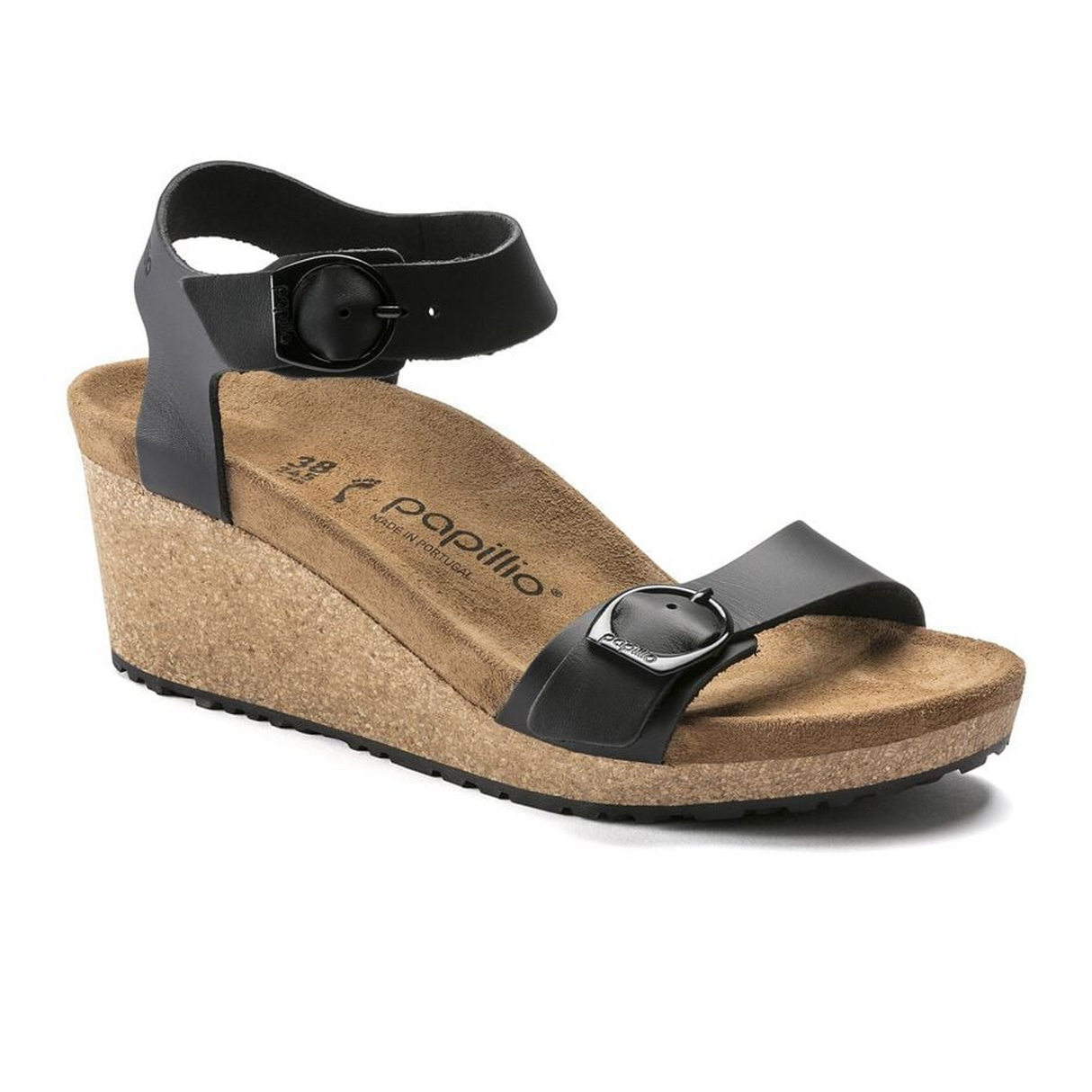 Birkenstock Soley Ring-Buckle Narrow Wedge Sandal (Women) - Black Leather Sandal - Heel/Wedge - The Heel Shoe Fitters