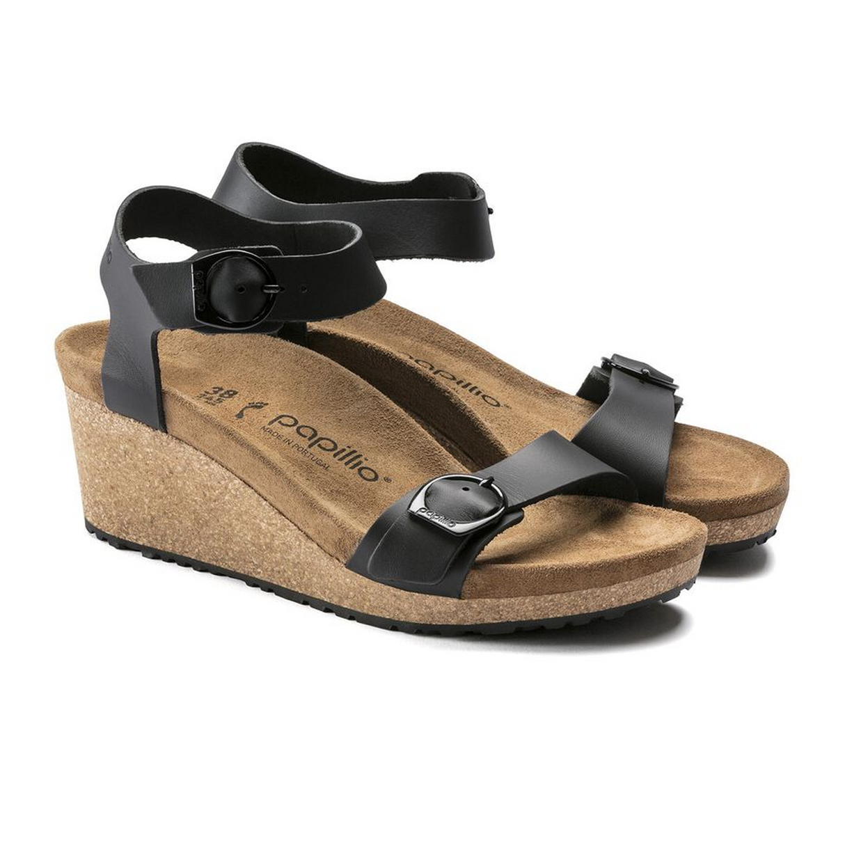 Birkenstock Soley Ring-Buckle Narrow Wedge Sandal (Women) - Black Leather Sandal - Heel/Wedge - The Heel Shoe Fitters