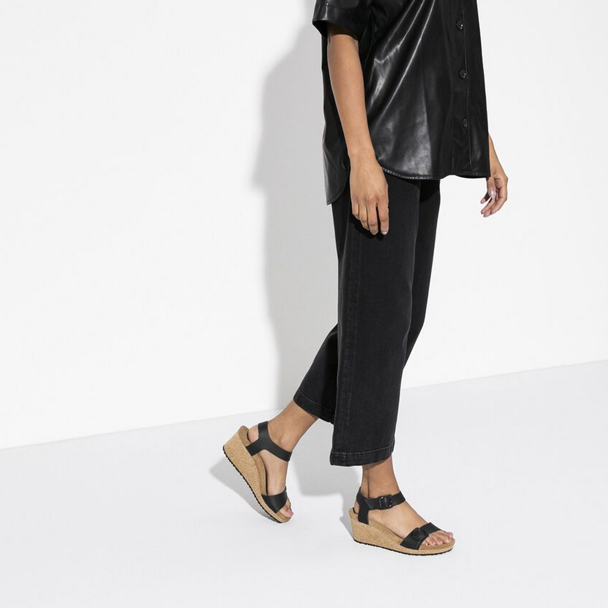 Birkenstock Soley Ring-Buckle Narrow Wedge Sandal (Women) - Black Leather Sandal - Heel/Wedge - The Heel Shoe Fitters
