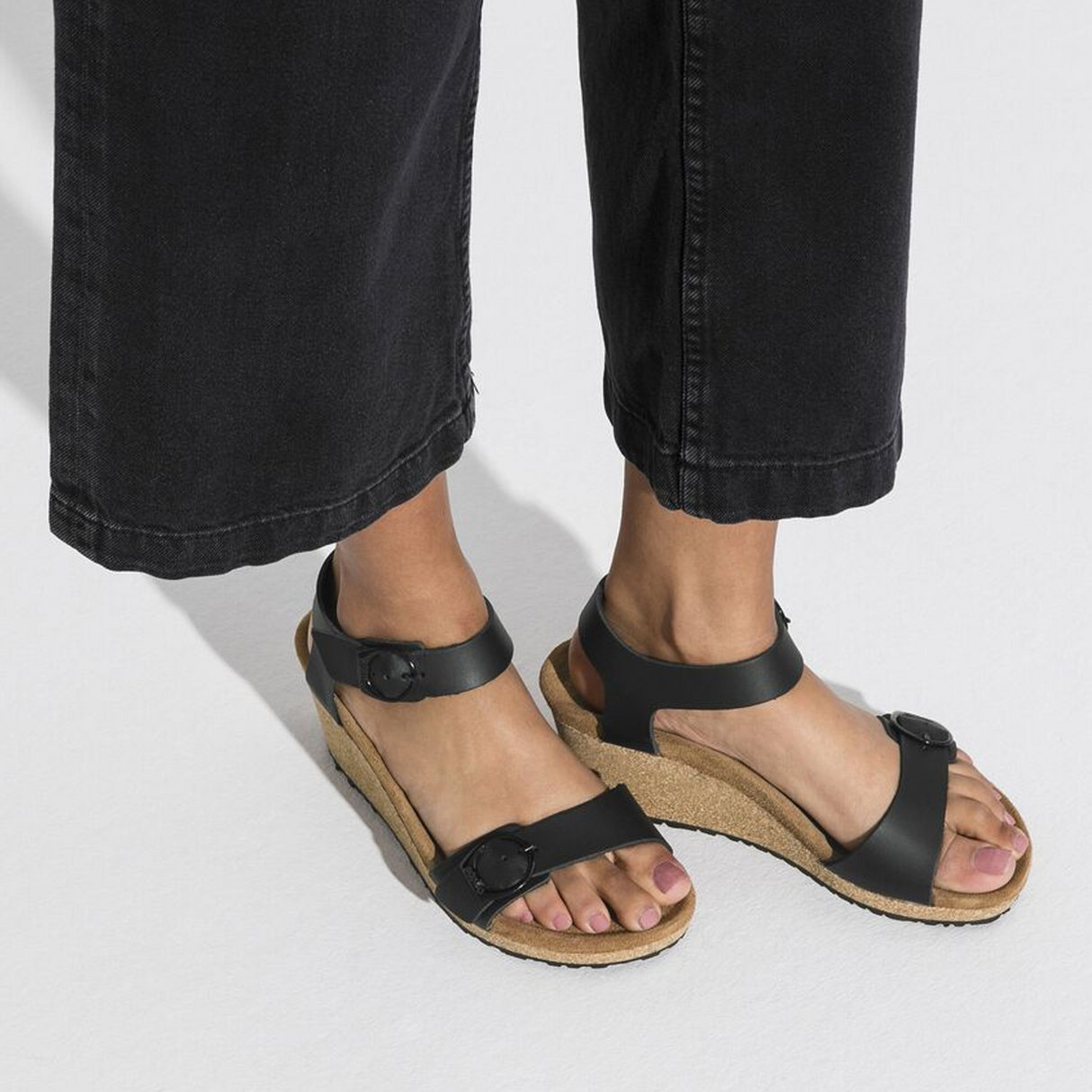 Birkenstock Soley Ring-Buckle Narrow Wedge Sandal (Women) - Black Leather Sandal - Heel/Wedge - The Heel Shoe Fitters