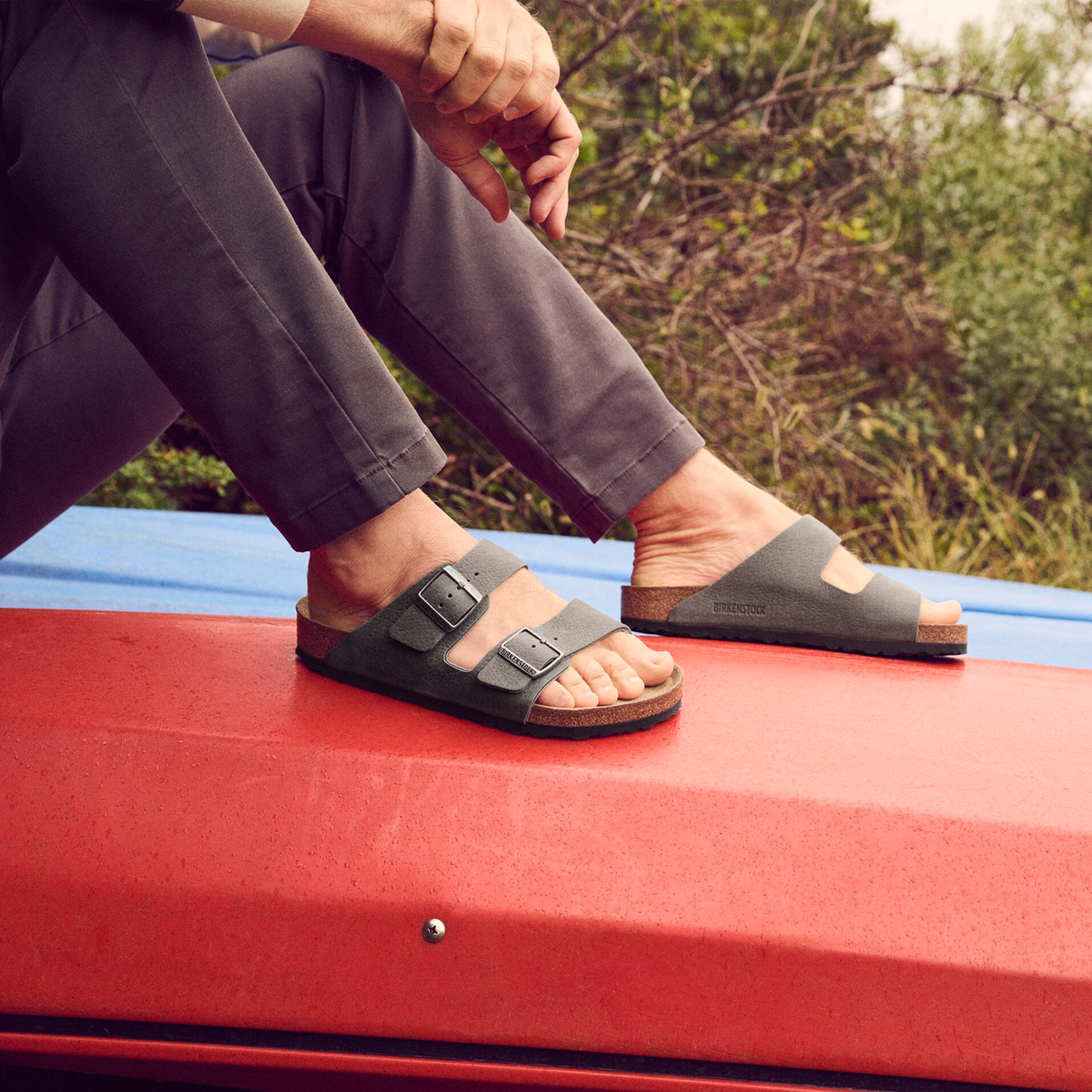 Birkenstock Arizona Slide Sandal (Men) - Desert Buck Whale Gray Nubuck Sandal - Slide - The Heel Shoe Fitters