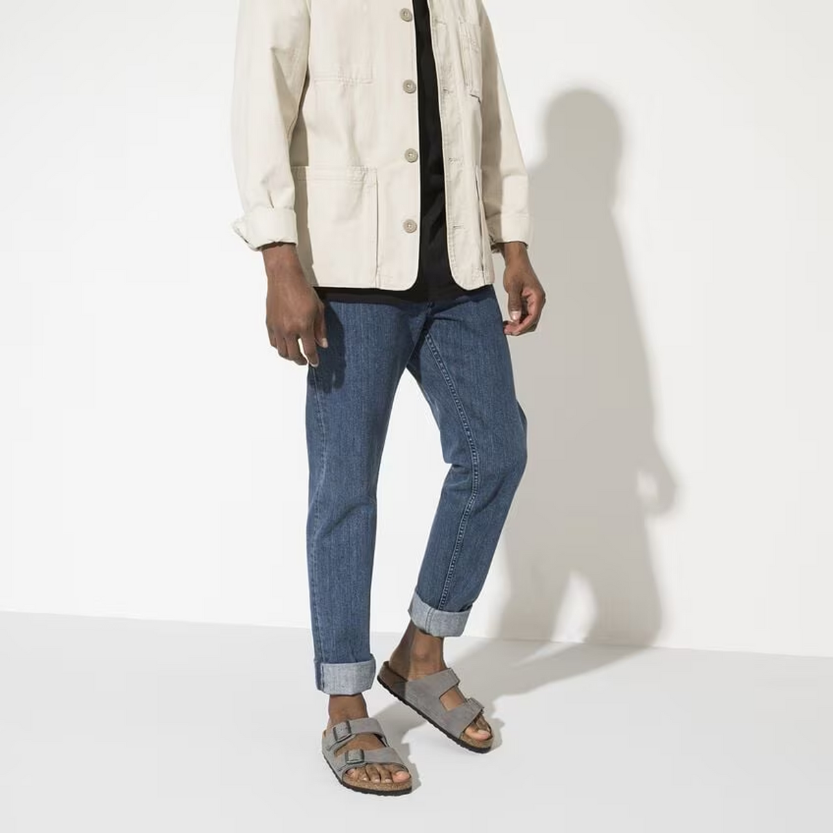 Birkenstock Arizona Slide Sandal (Men) - Desert Buck Whale Gray Nubuck Sandal - Slide - The Heel Shoe Fitters