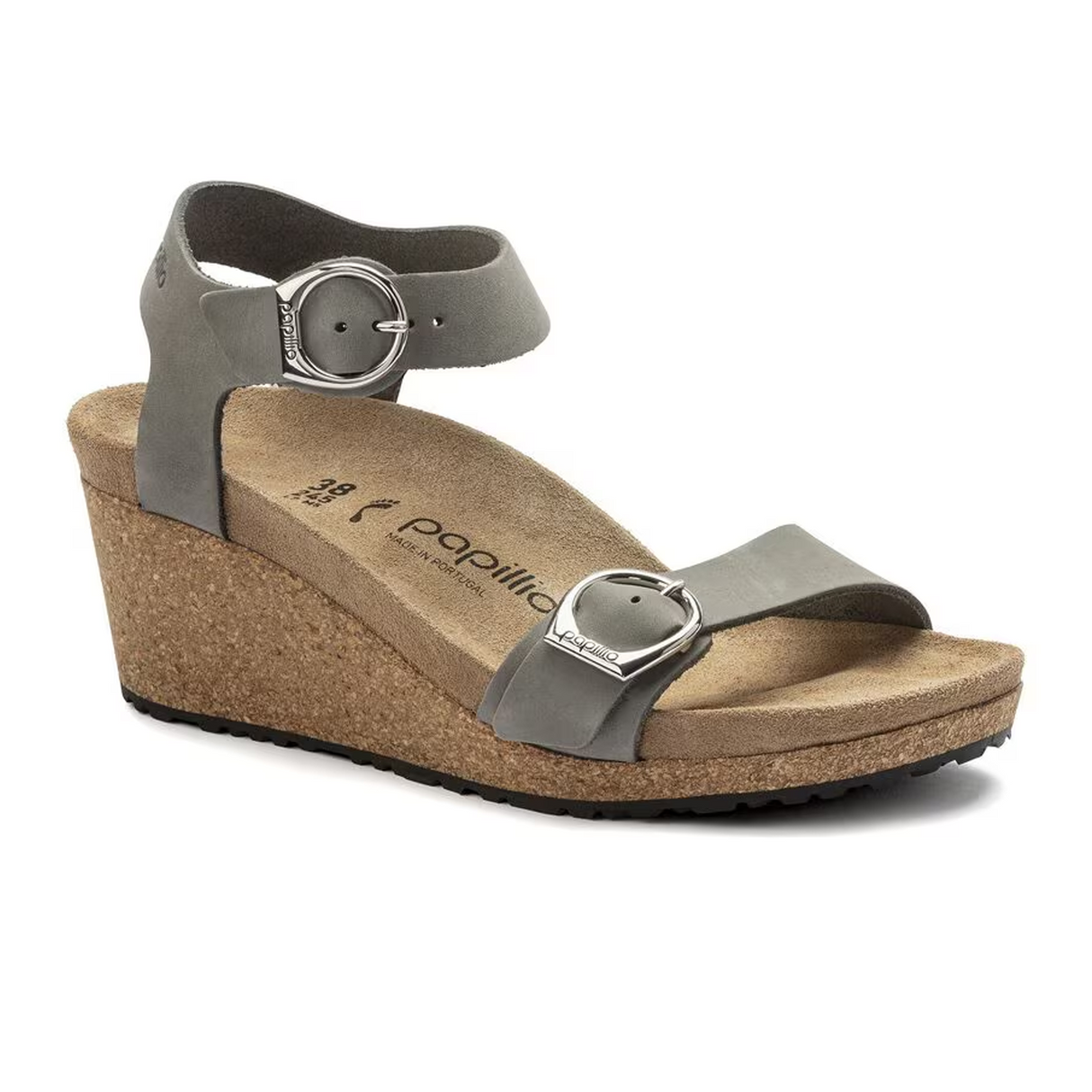 Birkenstock Soley Ring-Buckle Narrow Wedge Sandal (Women) - Dove Gray Nubuck Sandal - Heel/Wedge - The Heel Shoe Fitters