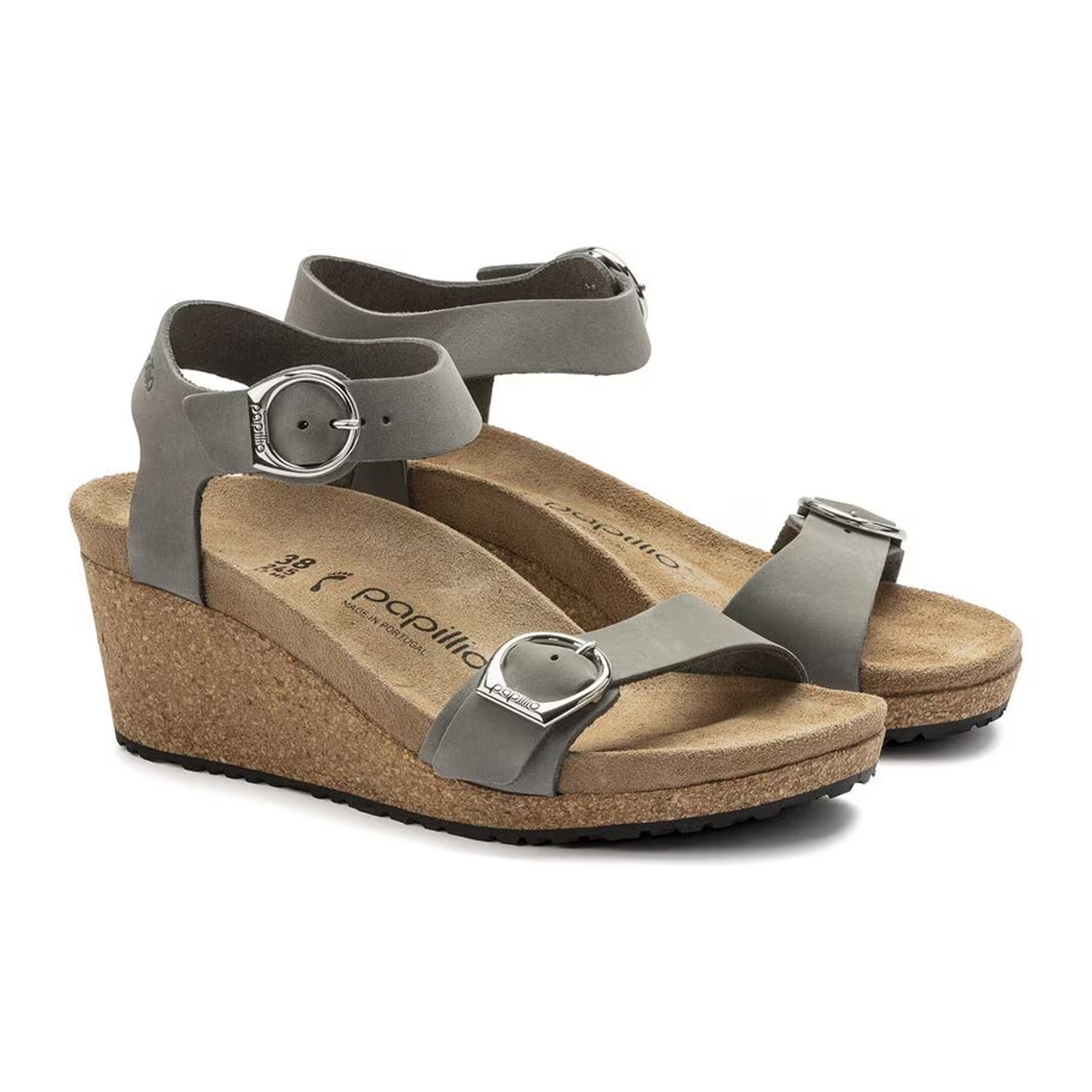Birkenstock Soley Ring-Buckle Narrow Wedge Sandal (Women) - Dove Gray Nubuck Sandal - Heel/Wedge - The Heel Shoe Fitters