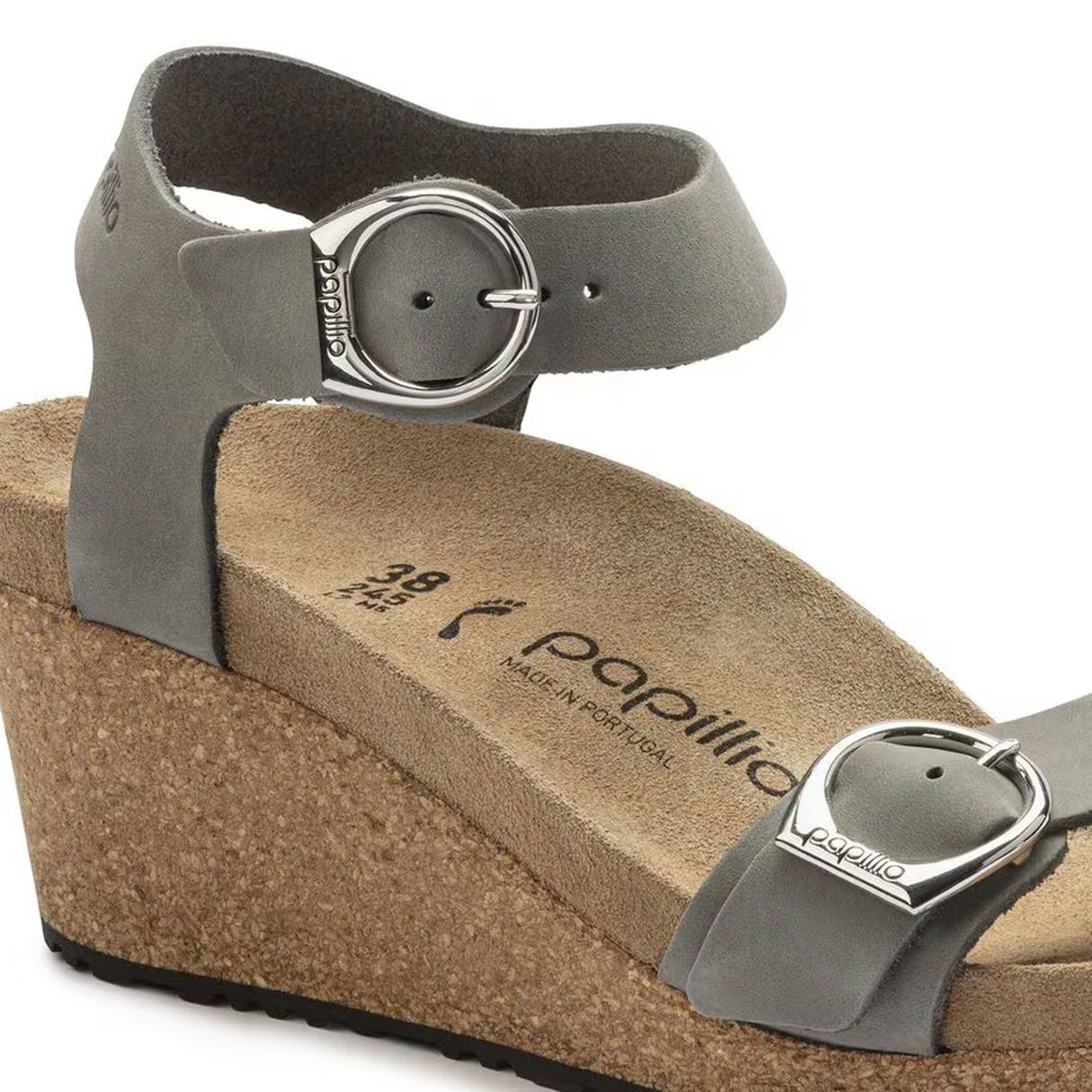 Birkenstock Soley Ring-Buckle Narrow Wedge Sandal (Women) - Dove Gray Nubuck Sandal - Heel/Wedge - The Heel Shoe Fitters