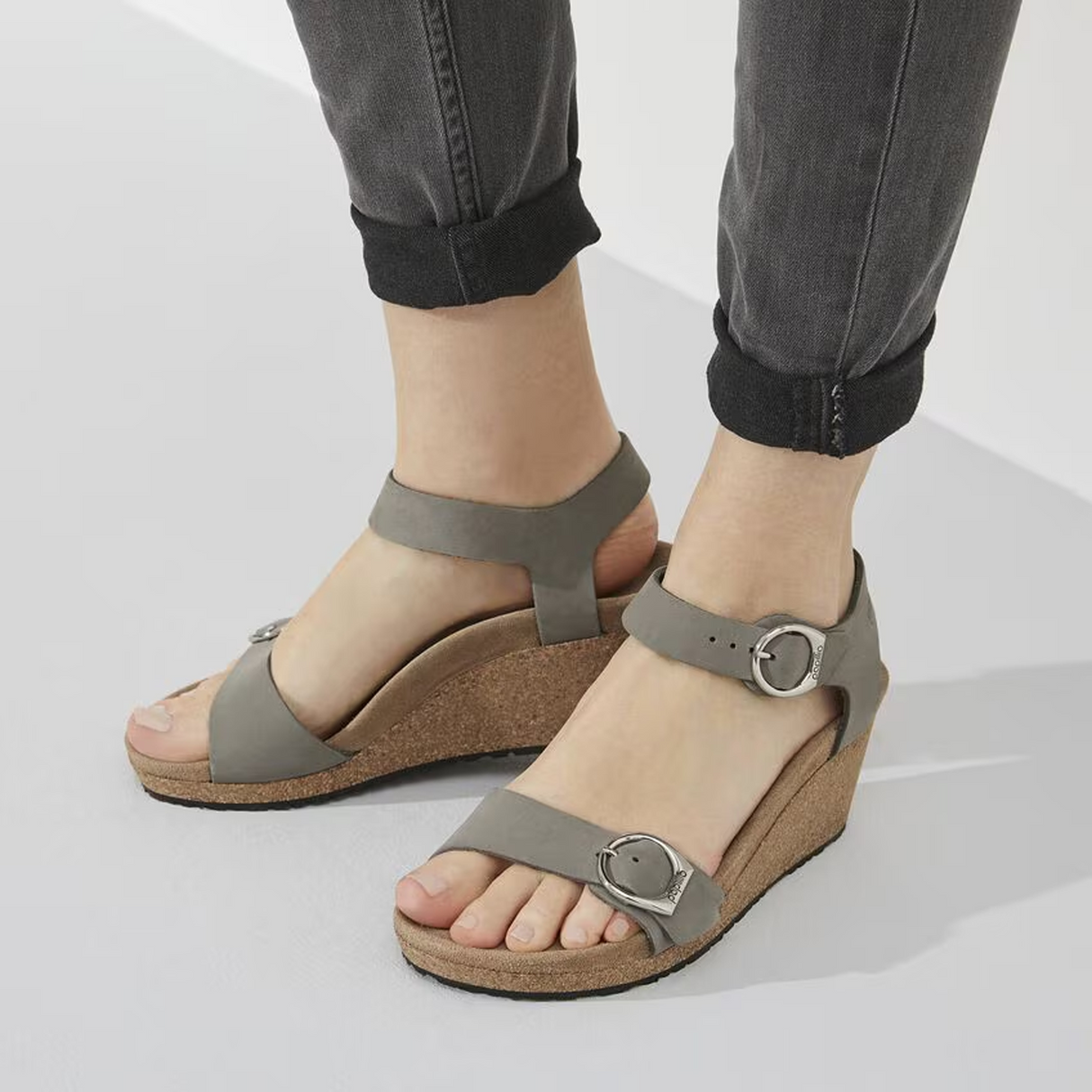 Birkenstock Soley Ring-Buckle Narrow Wedge Sandal (Women) - Dove Gray Nubuck Sandal - Heel/Wedge - The Heel Shoe Fitters