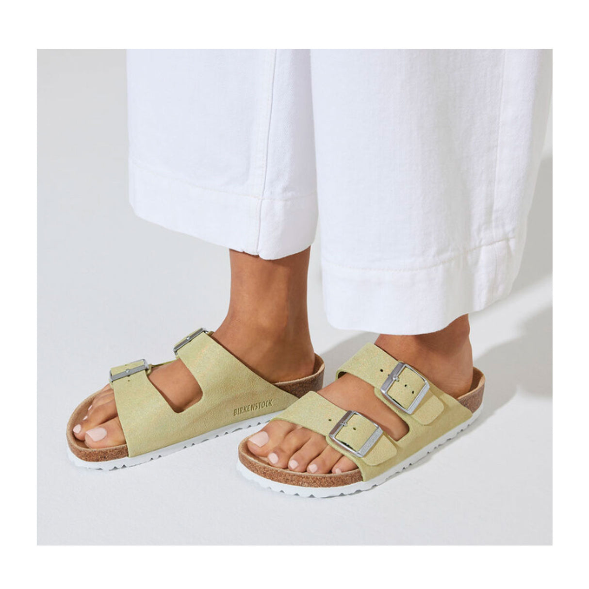 Birkenstock Arizona Slide Sandal (Women) - Shimmering Popcorn Suede Sandal - Slide - The Heel Shoe Fitters