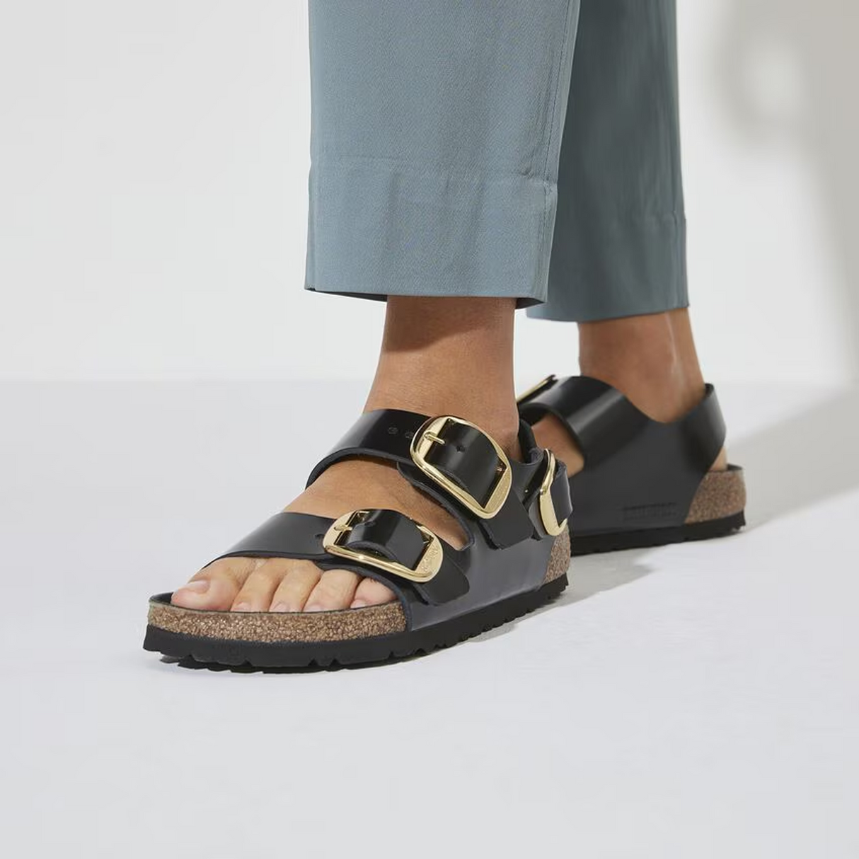 Birkenstock Milano Big Buckle Narrow Backstrap Sandal (Women) - High Shine Black Leather Sandal - Backstrap - The Heel Shoe Fitters