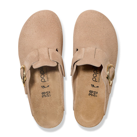 Birkenstock Fanny Ring-Buckle Narrow Wedge (Women) - Warm Sand Suede Dress-Casual - Wedges - The Heel Shoe Fitters