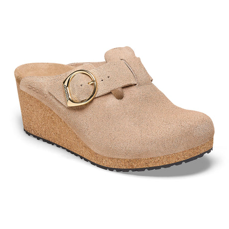 Birkenstock Fanny Ring-Buckle Narrow Wedge (Women) - Warm Sand Suede Dress-Casual - Wedges - The Heel Shoe Fitters