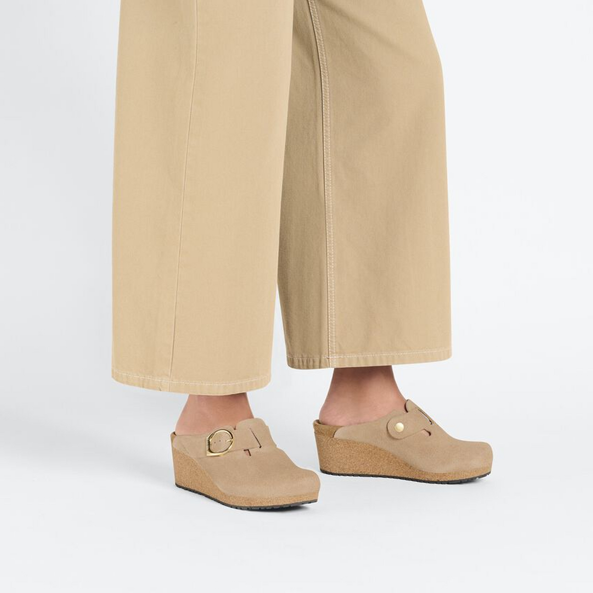 Birkenstock Fanny Ring-Buckle Narrow Wedge Clog (Women) - Warm Sand Suede Dress-Casual - Wedges - The Heel Shoe Fitters