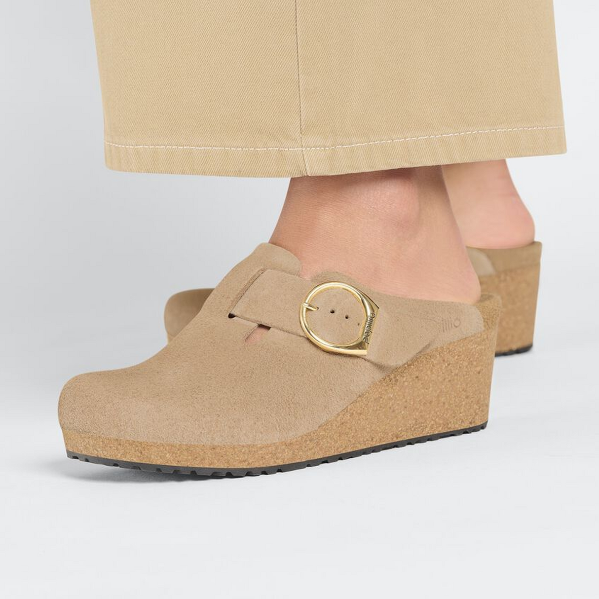 Birkenstock Fanny Ring-Buckle Narrow Wedge Clog (Women) - Warm Sand Suede Dress-Casual - Wedges - The Heel Shoe Fitters