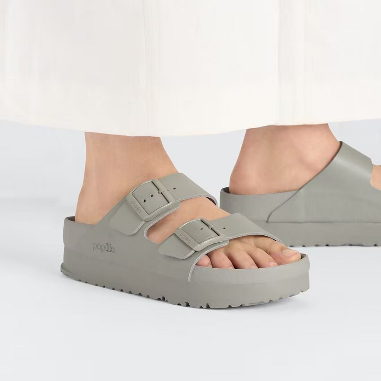 Birkenstock Arizona Exquisite Flex Platform Narrow Slide Sandal (Women) - Mineral Gray Leather Sandal - Slide - The Heel Shoe Fitters