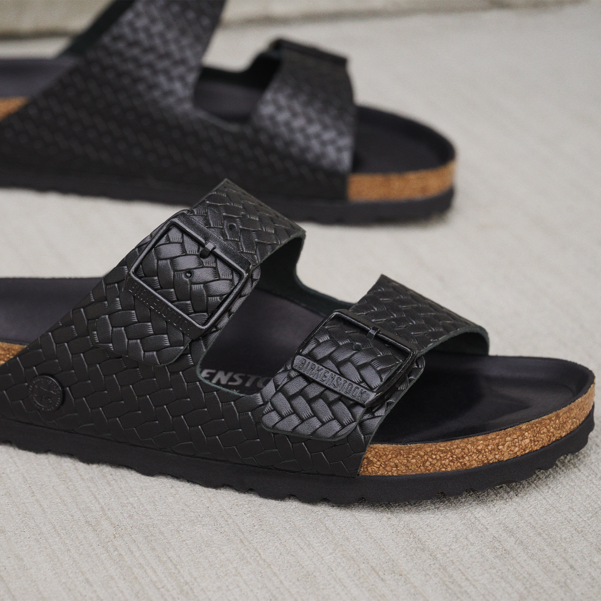 Birkenstock Arizona Slide Sandal (Women) - Woven Emboss Black Leather Sandal - Slide - The Heel Shoe Fitters