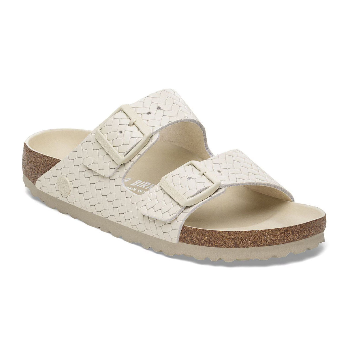 Birkenstock Arizona Hex Narrow Slide Sandal (Women) - Woven Emboss Ecru Leather Sandal - Slide - The Heel Shoe Fitters