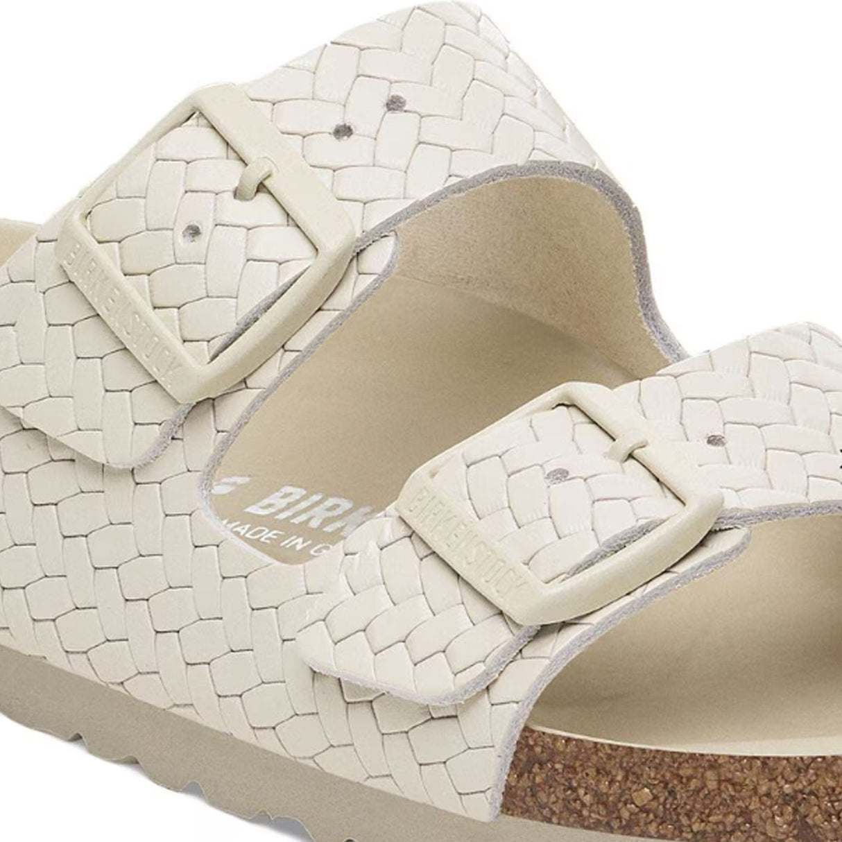 Birkenstock Arizona Hex Narrow Slide Sandal (Women) - Woven Emboss Ecru Leather Sandal - Slide - The Heel Shoe Fitters