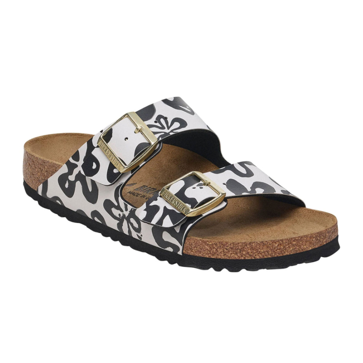 Birkenstock Arizona Narrow Slide Sandal (Women) - White/Black Blooms Birko-Flor Sandal - Slide - The Heel Shoe Fitters