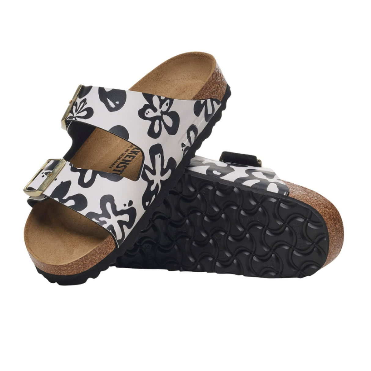 Birkenstock Arizona Narrow Slide Sandal (Women) - White/Black Blooms Birko-Flor Sandal - Slide - The Heel Shoe Fitters