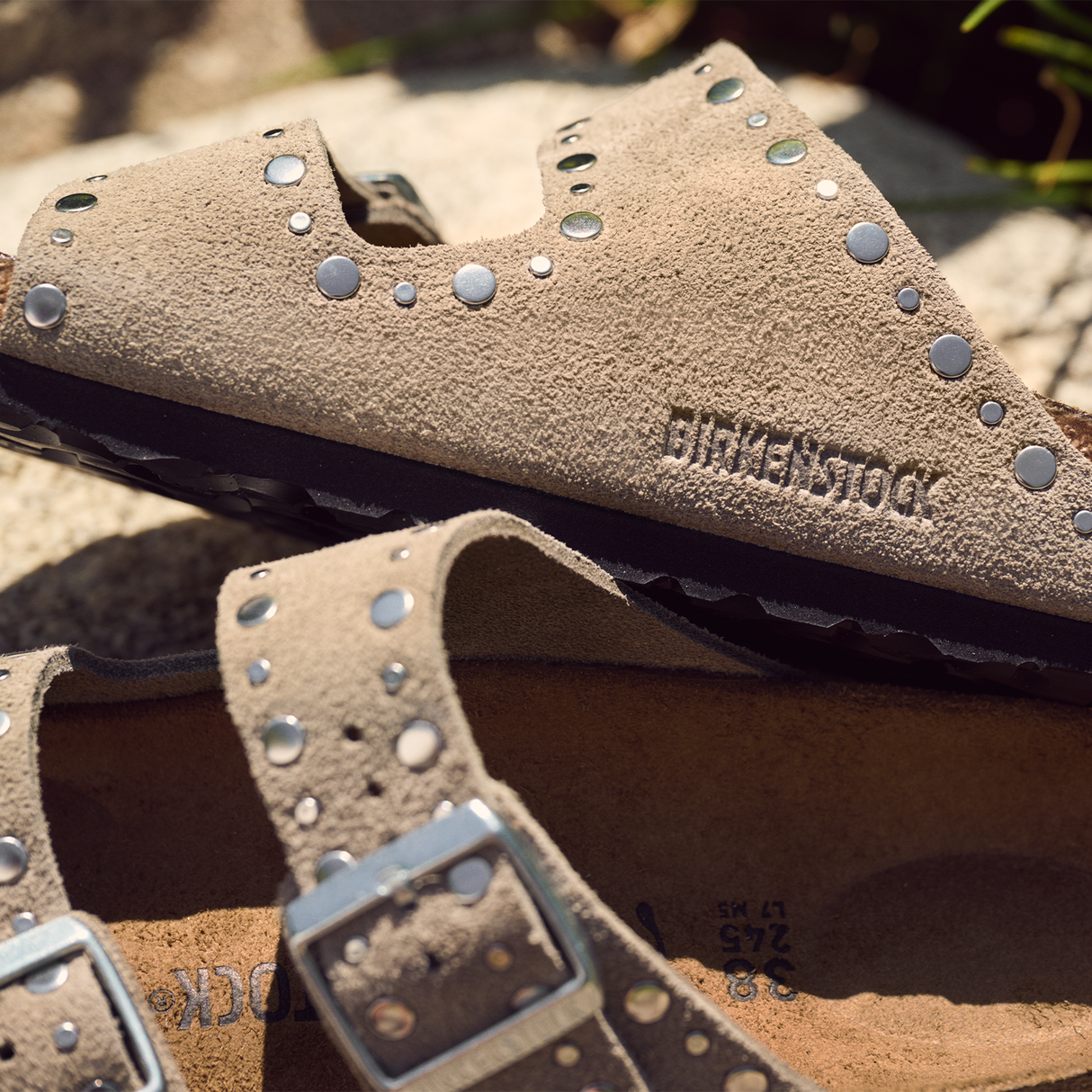 Birkenstock Arizona Rivets Narrow Slide Sandal (Women) - Taupe Suede Sandal - Slide - The Heel Shoe Fitters