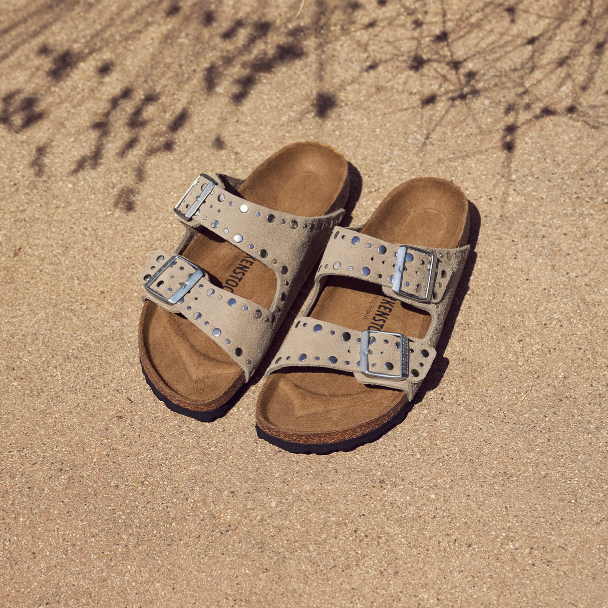 Birkenstock Arizona Rivets Narrow Slide Sandal (Women) - Taupe Suede Sandal - Slide - The Heel Shoe Fitters