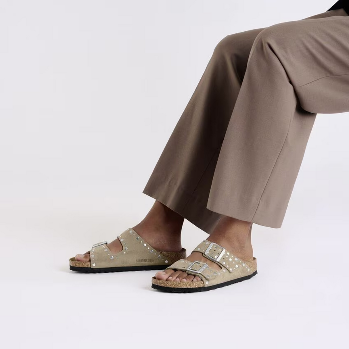 Birkenstock Arizona Rivets Narrow Slide Sandal (Women) - Taupe Suede Sandal - Slide - The Heel Shoe Fitters