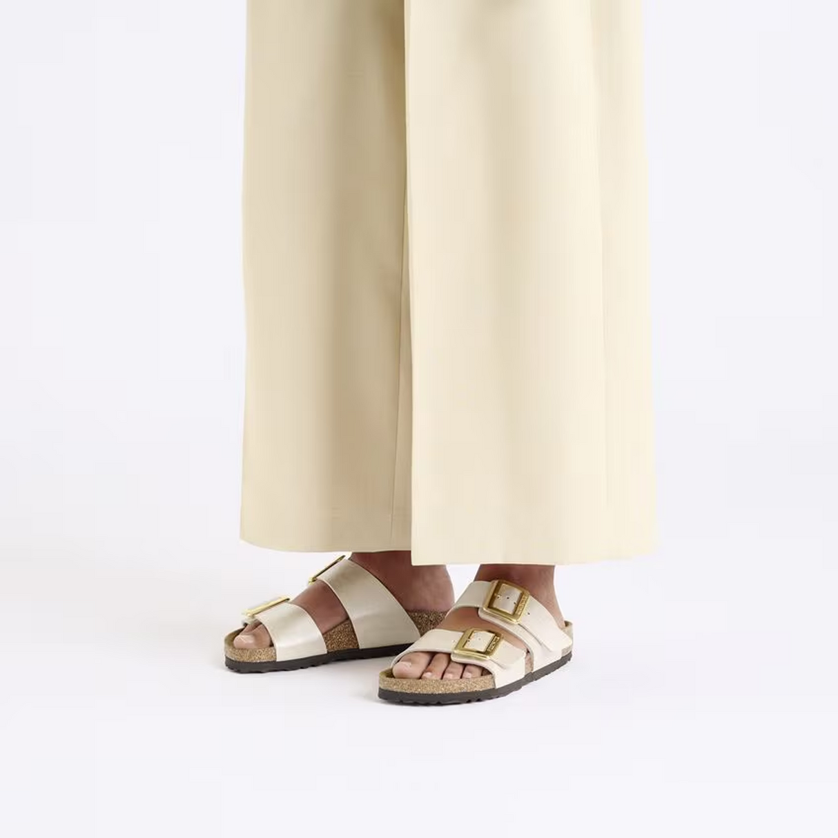 Birkenstock Sydney Luxe Buckle Narrow Slide Sandal (Women) - Graceful Pearl White Sandal - Slide - The Heel Shoe Fitters