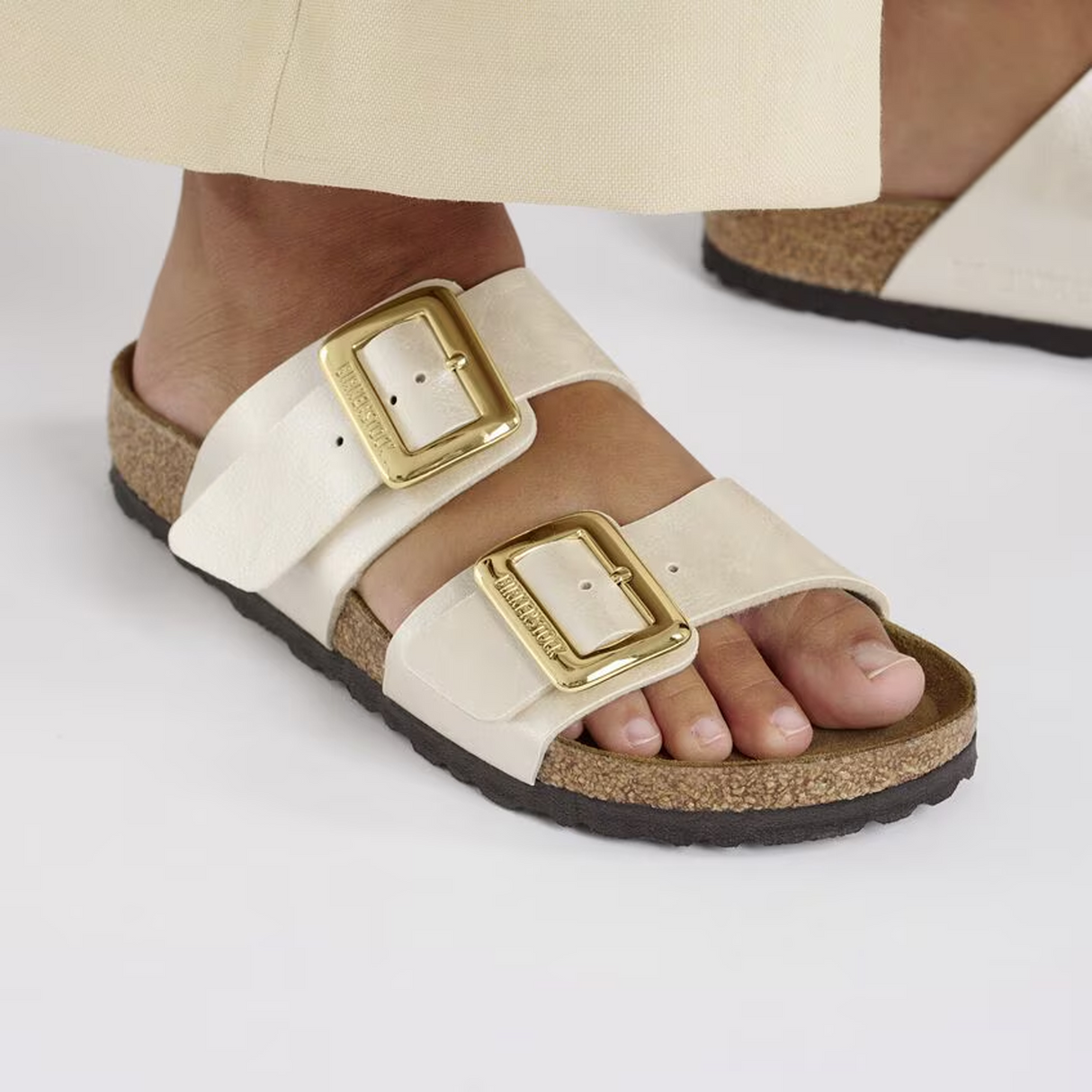 Birkenstock Sydney Luxe Buckle Narrow Slide Sandal (Women) - Graceful Pearl White Sandal - Slide - The Heel Shoe Fitters